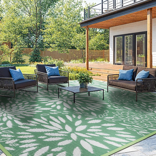 5'x8' Reversible Outdoor Rug - Eco-Friendly Plastic Straw Rug-Heavy-Duty Waterproof Mat, UV & Fade Resistant for Patio, Camping, RV, Deck, Balcony(5x8,Lake Blue&Floral)