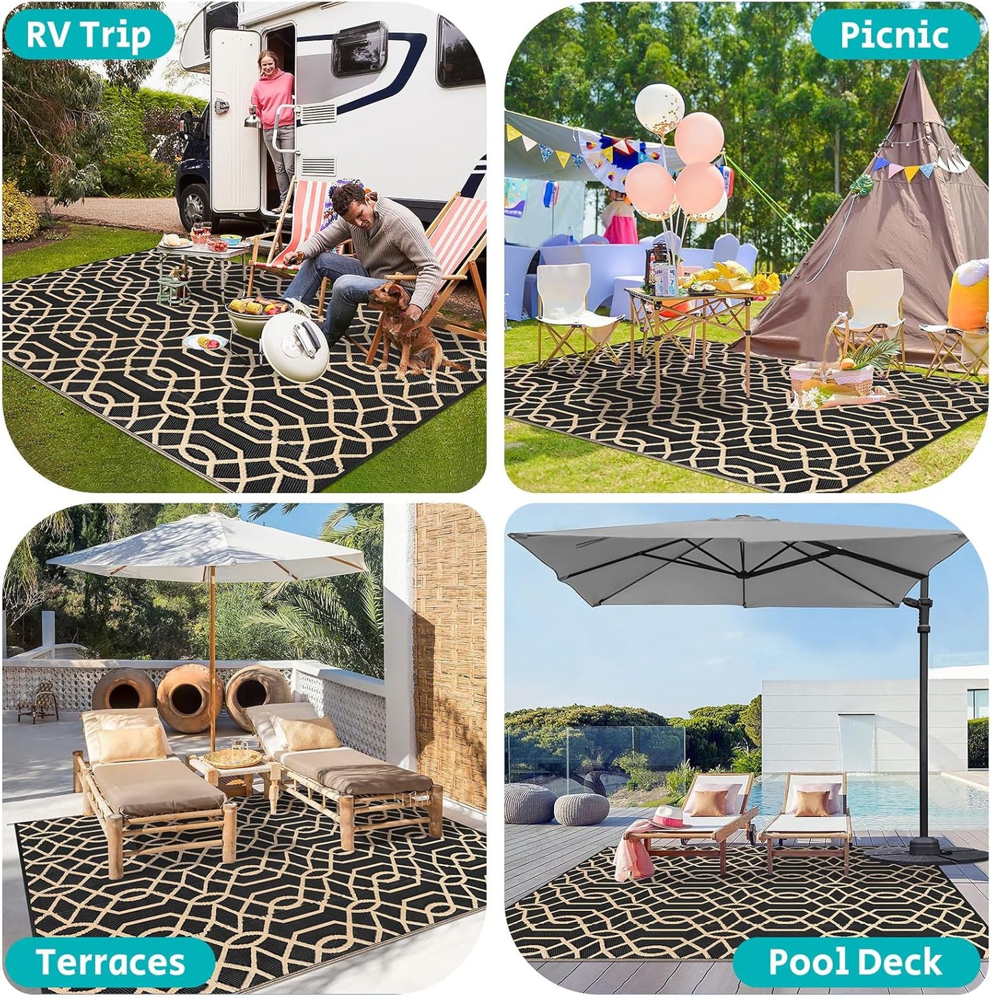 HEBE Outdoor Rug Waterproof 8x10, Reversible Plastic Straw Rug RV Camping Rug, Indoor Outdoor Patio Mat Clearance, Outside Carpet for Porch,Deck,Camper,Balcony,Backyard,Picnic