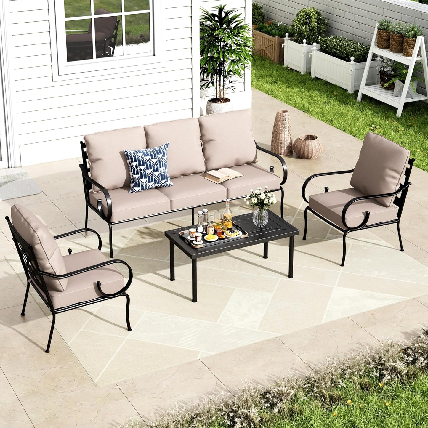 MFSTUDIO 5 Seats Large Metal Patio Conversation Sets, 4 Pieces Outdoor Furniture Sofa with 2 Fixed Chairs, 1 Sofa(3-seat) and Table for Outside Balcony Backyard Poolside