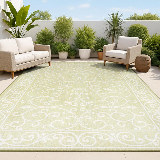 JONATHAN Y SMB106H-8 Charleston Vintage Filigree Textured Weave Indoor Outdoor Area Rug, Coastal,Traditional,Transitional Easy Clean,Bedroom,Kitchen,Backyard,Patio, Non-Shed, Green/Cream, 8 X 10