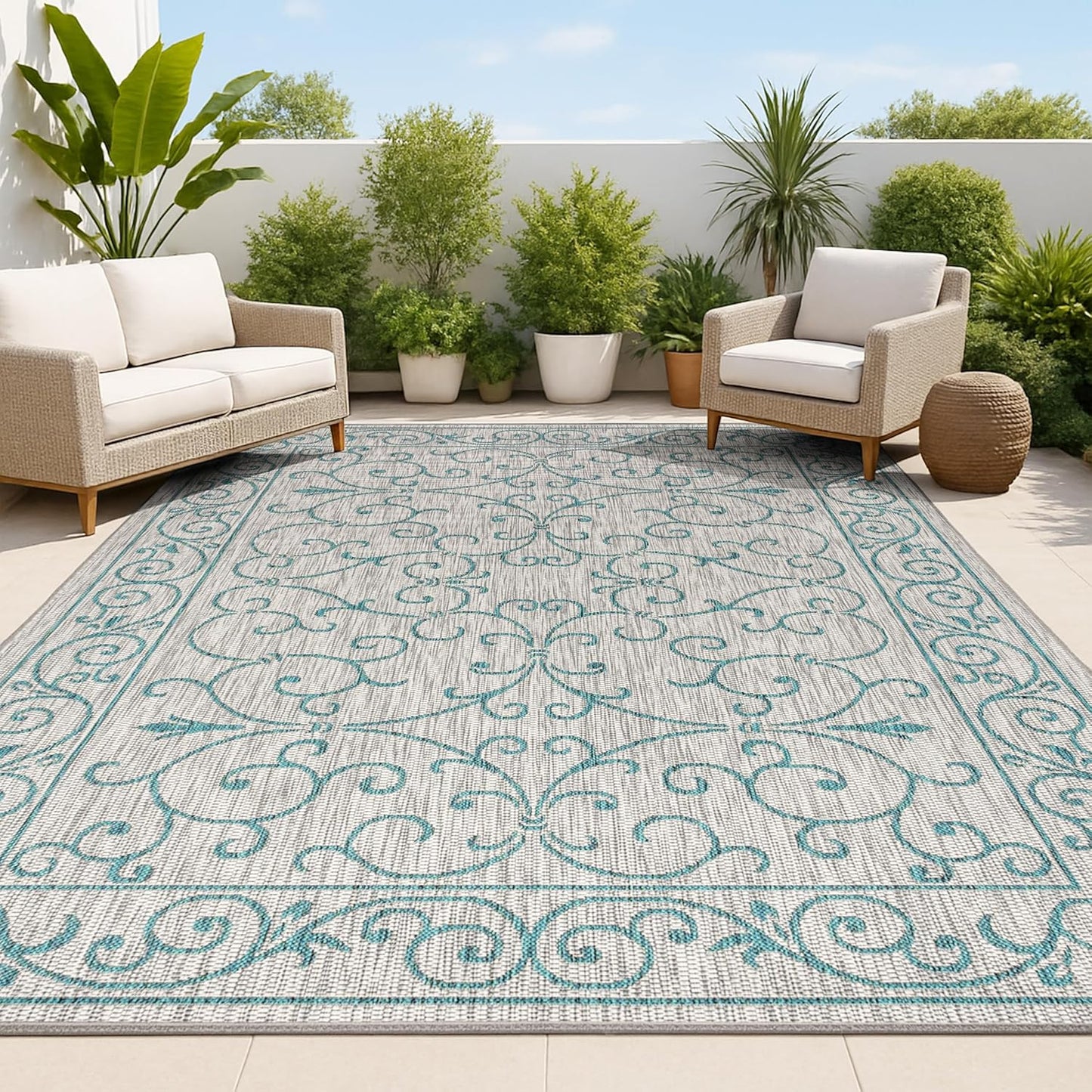 JONATHAN Y SMB106E-3 Charleston Vintage Filigree Textured Weave Indoor Outdoor Rug LivingRoom Backyard,3 X 5,Gray/Teal