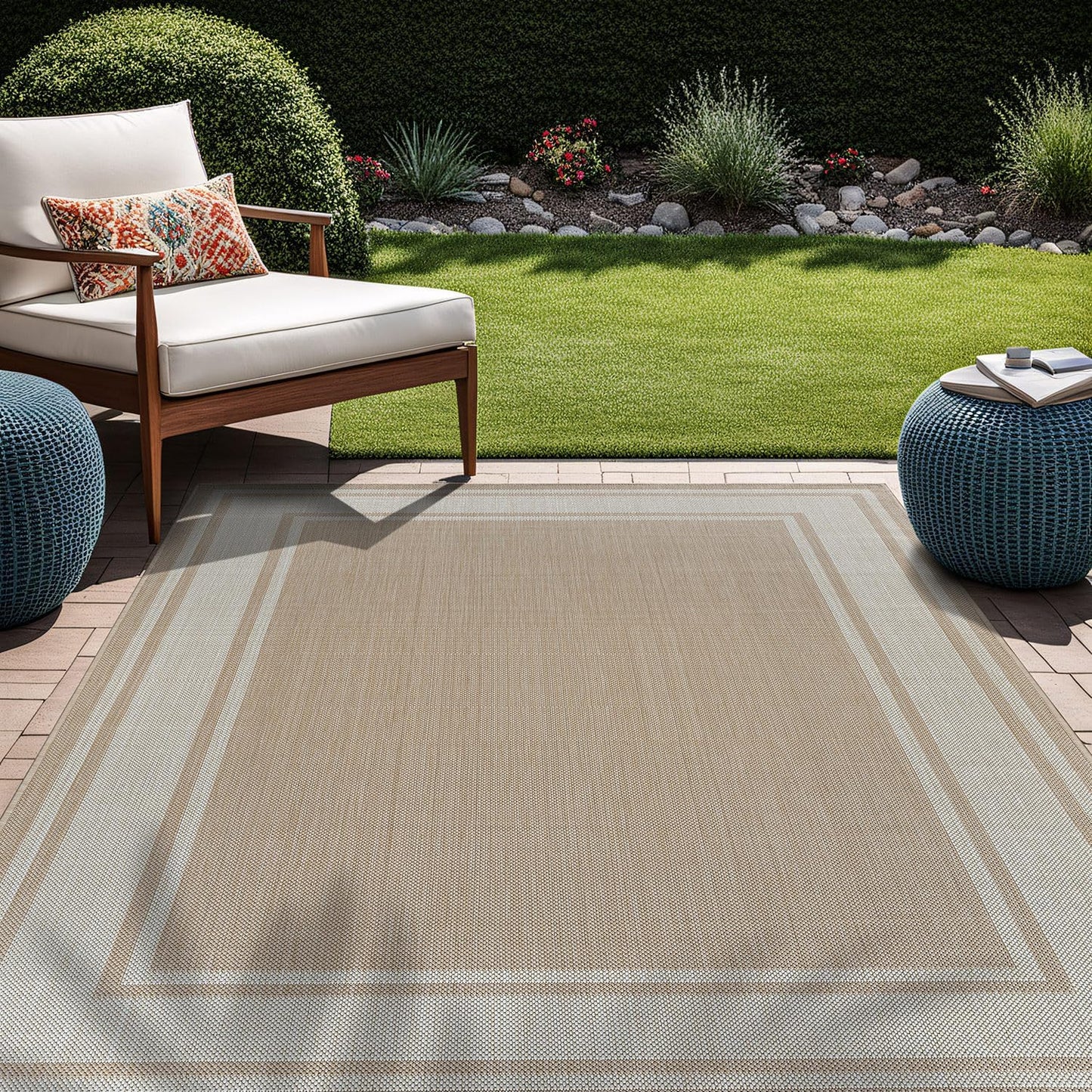Beverly Rug Large Outdoor Rug 9x12 Modern Bordered Area Rugs for Indoor and Outdoor Patio Deck Porch Garden Waterproof Weather Sun Resistant Washable Outside Carpet (9 x 12 Beige)