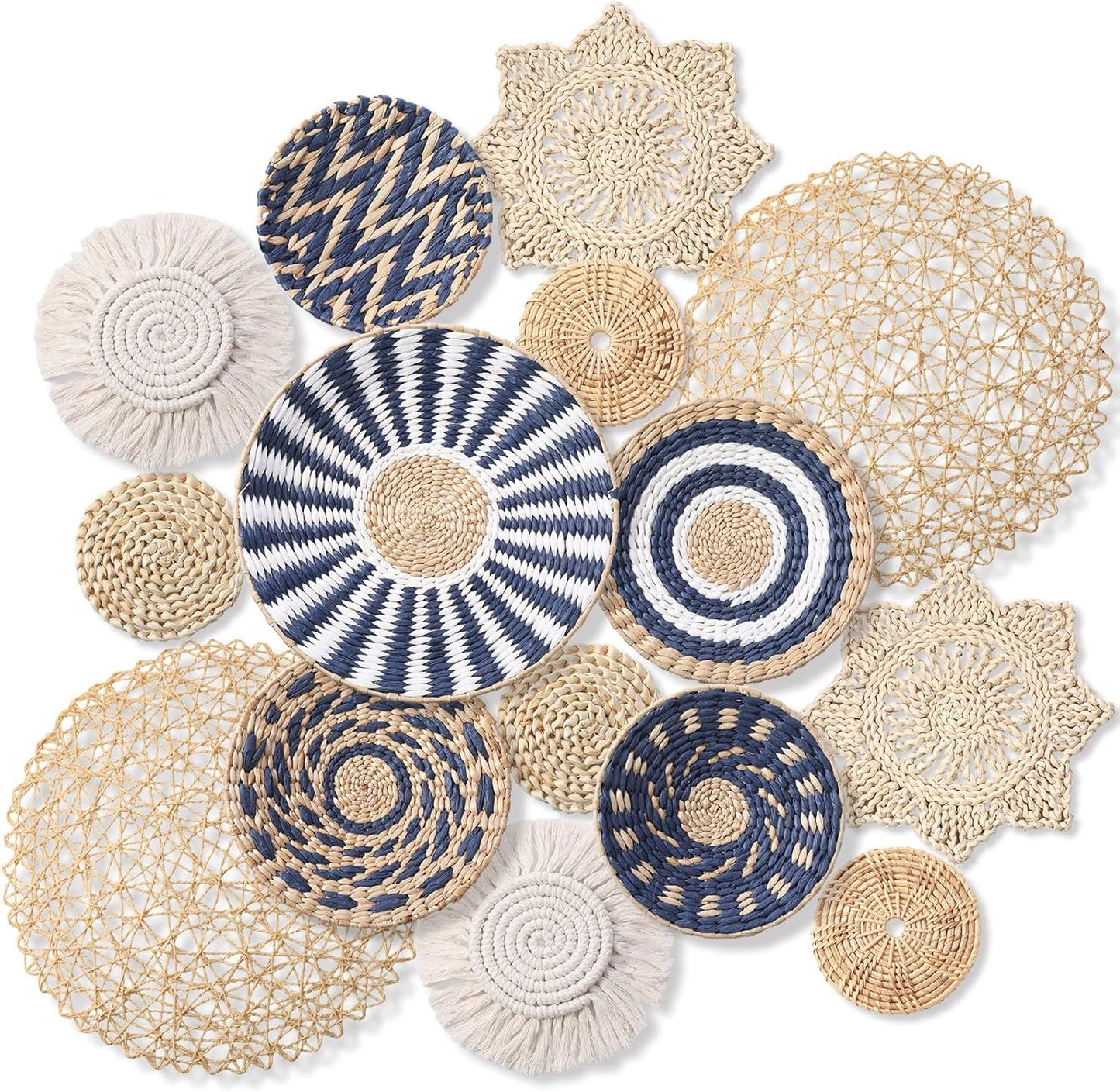 15 Pcs Boho Wall Basket Decor Woven Rattan Seagrass Wall Decor Hanging Rustic Farmhouse Western Art Decoration for Nursery Living Room Bedroom Home Kitchen(Blue Style)