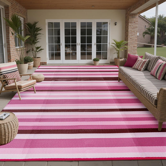 Outdoor Waterproof Rug 6'x9' Plastic Straw Rugs Washable Reversible Floor Mat Pink Stripe Carpet for Camping RV Deck Entryance Porch Picnic Balcony Beach Backyard