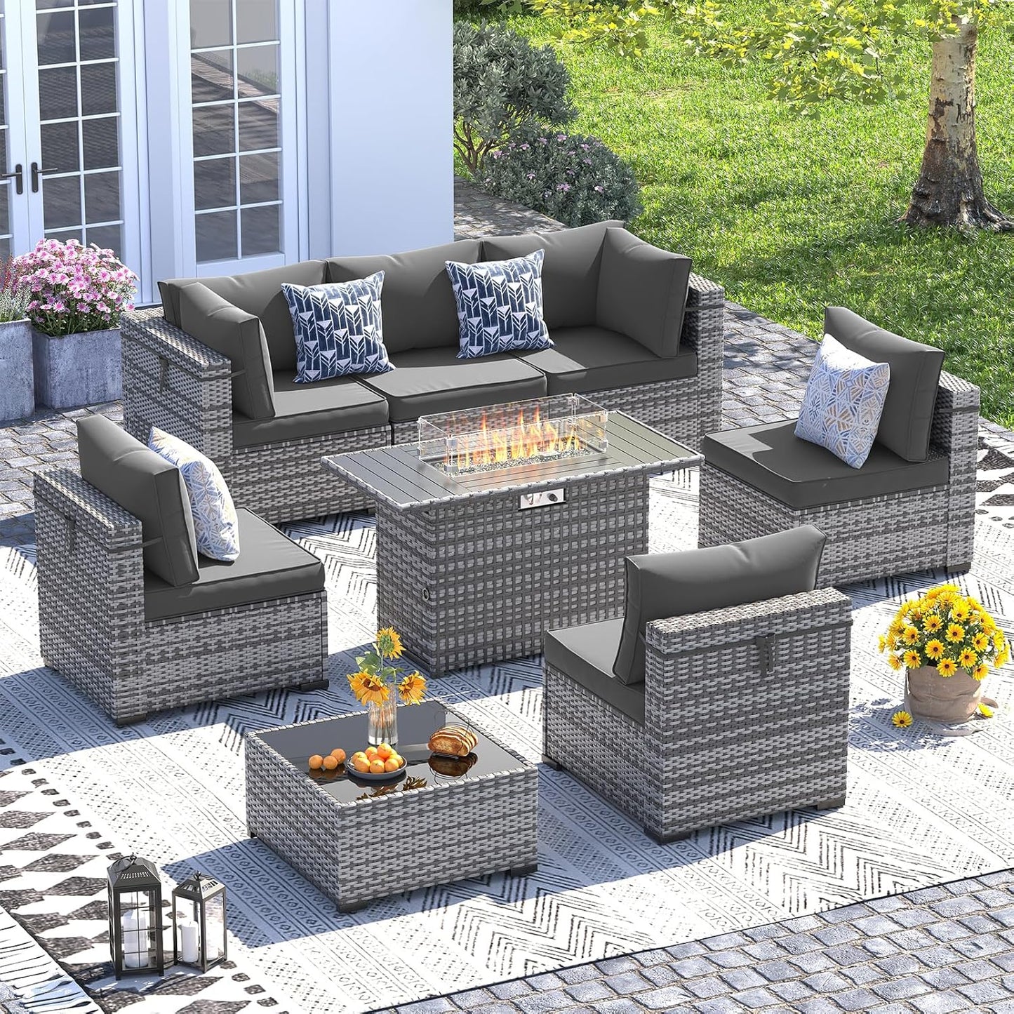 UDPATIO Patio Furniture Set with Fire Pit Table, 8 Piece Outdoor Sectional Modular Sofa, Wicker Outdoor Furniture Conversation Sets with Waterproof Cover for Backyard Deck(Grey/Dark Grey)