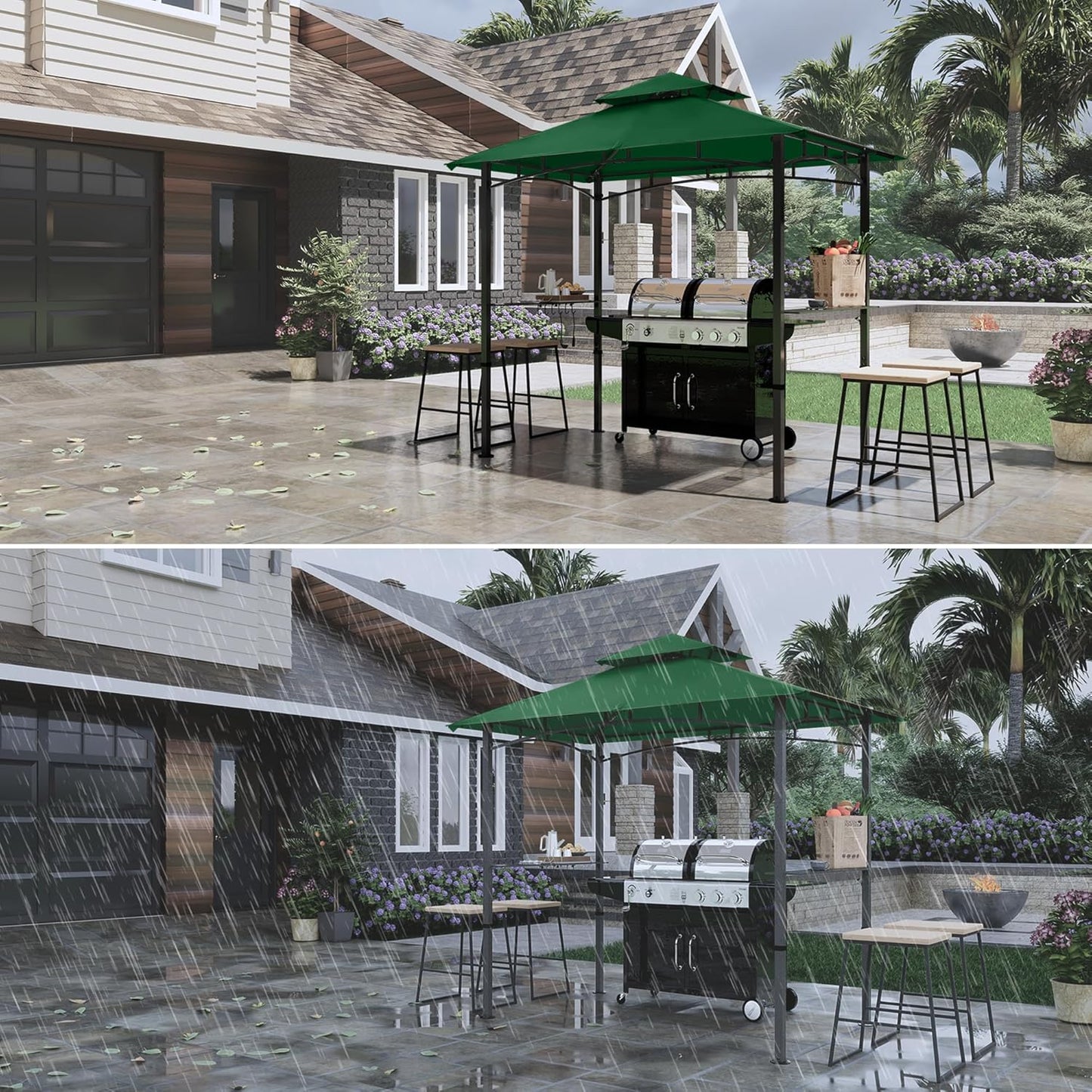 COOSHADE 8'x 5' Grill Gazebo Double Tiered Outdoor BBQ Gazebo Canopy with LED Light (Forest Green)