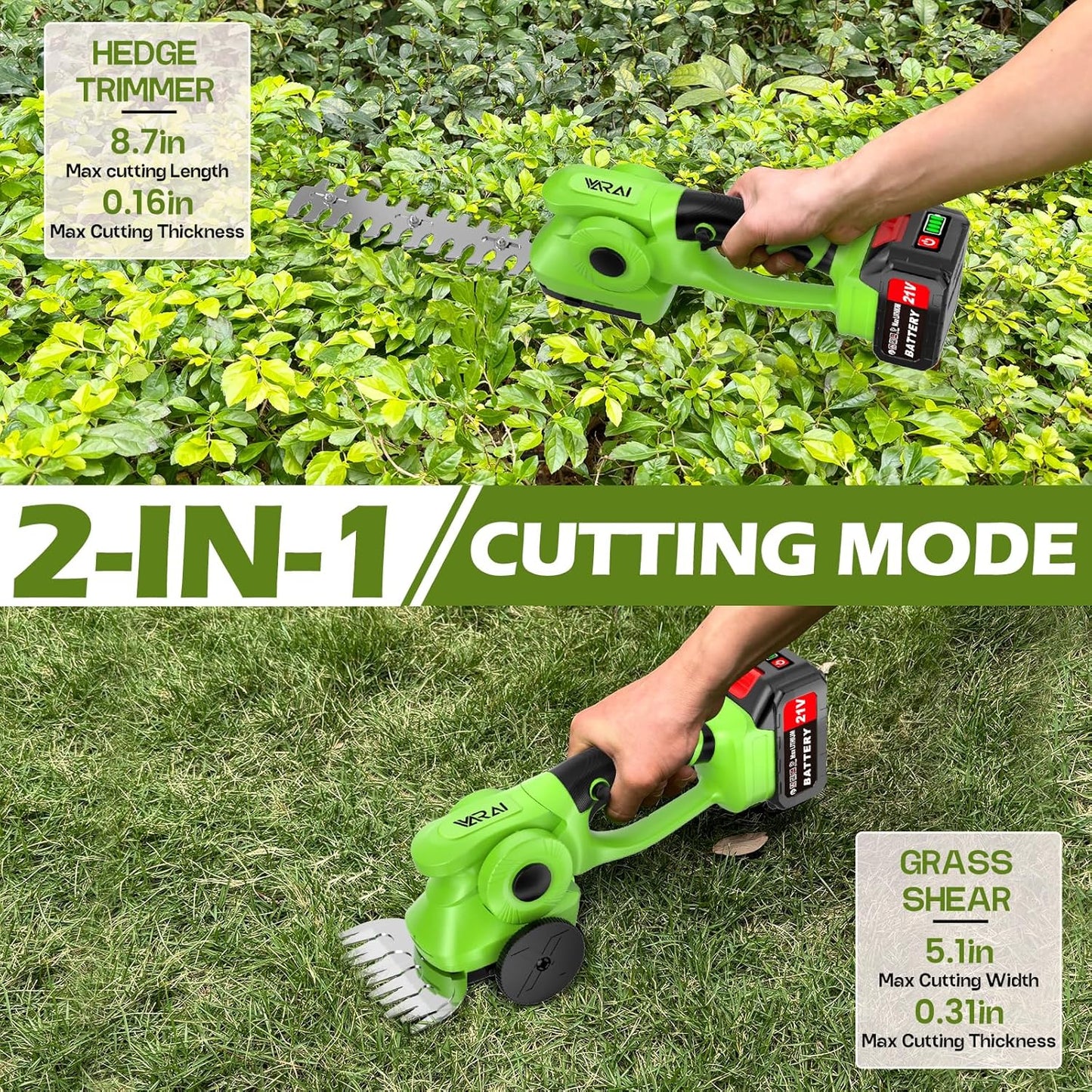 Cordless Hedge Trimmer, 2-in-1 Hedge Trimmer, Ultra Long Battery Life with Battery*2, high-Power and high-Capacity Grass Trimmer for Gardens, Yards and lawns, Including Charger