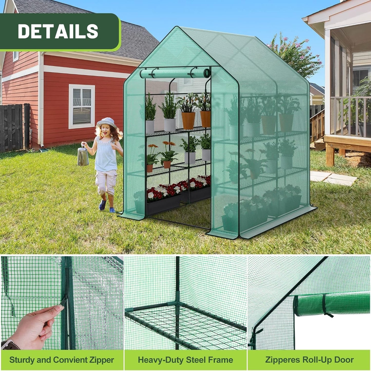Nova Microdermabrasion Walk-in Greenhouse for Outdoors, 57 x 57 x 77 inch, Portable PE Cover Greenhouse with Anchors and Ropes Indoor Outdoor-3 Tier 8 Wired Shelves Plant Gardening Hot House
