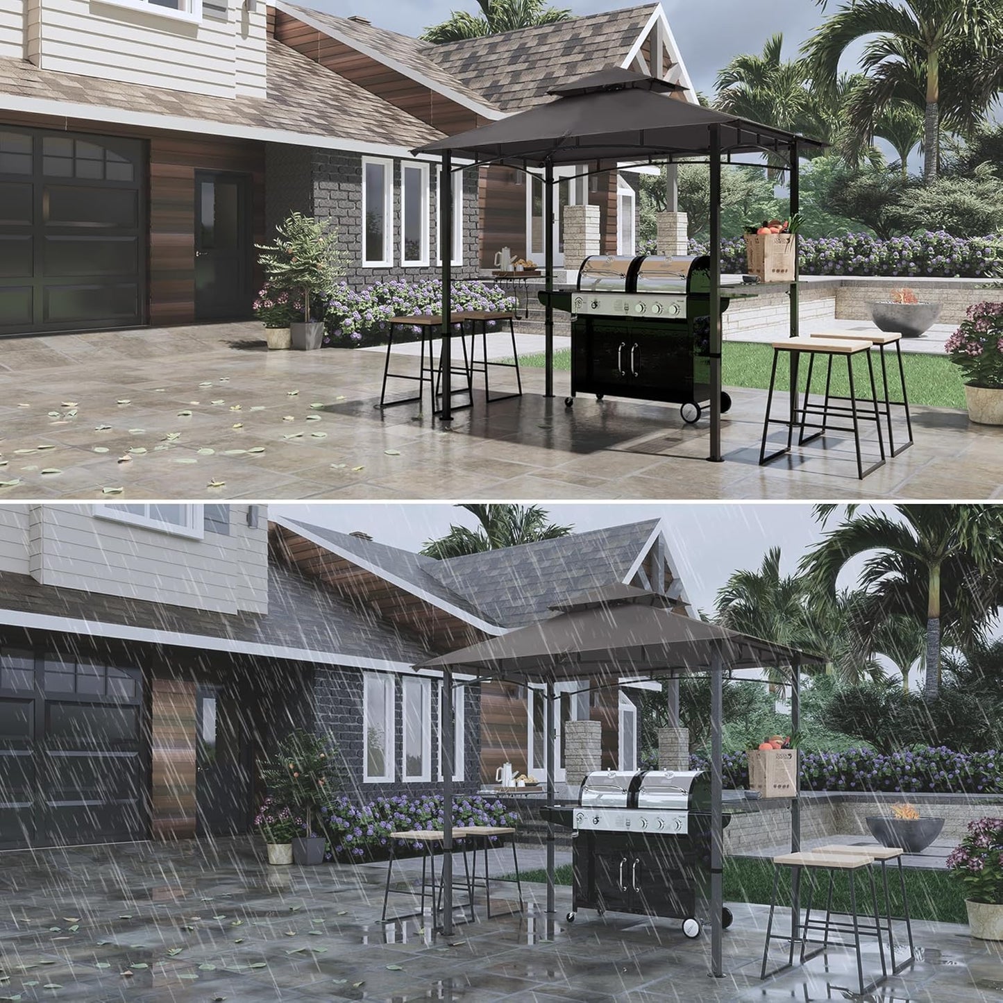 COOSHADE 8'x 5' Grill Gazebo Double Tiered Outdoor BBQ Gazebo Canopy with LED Light (Gray)