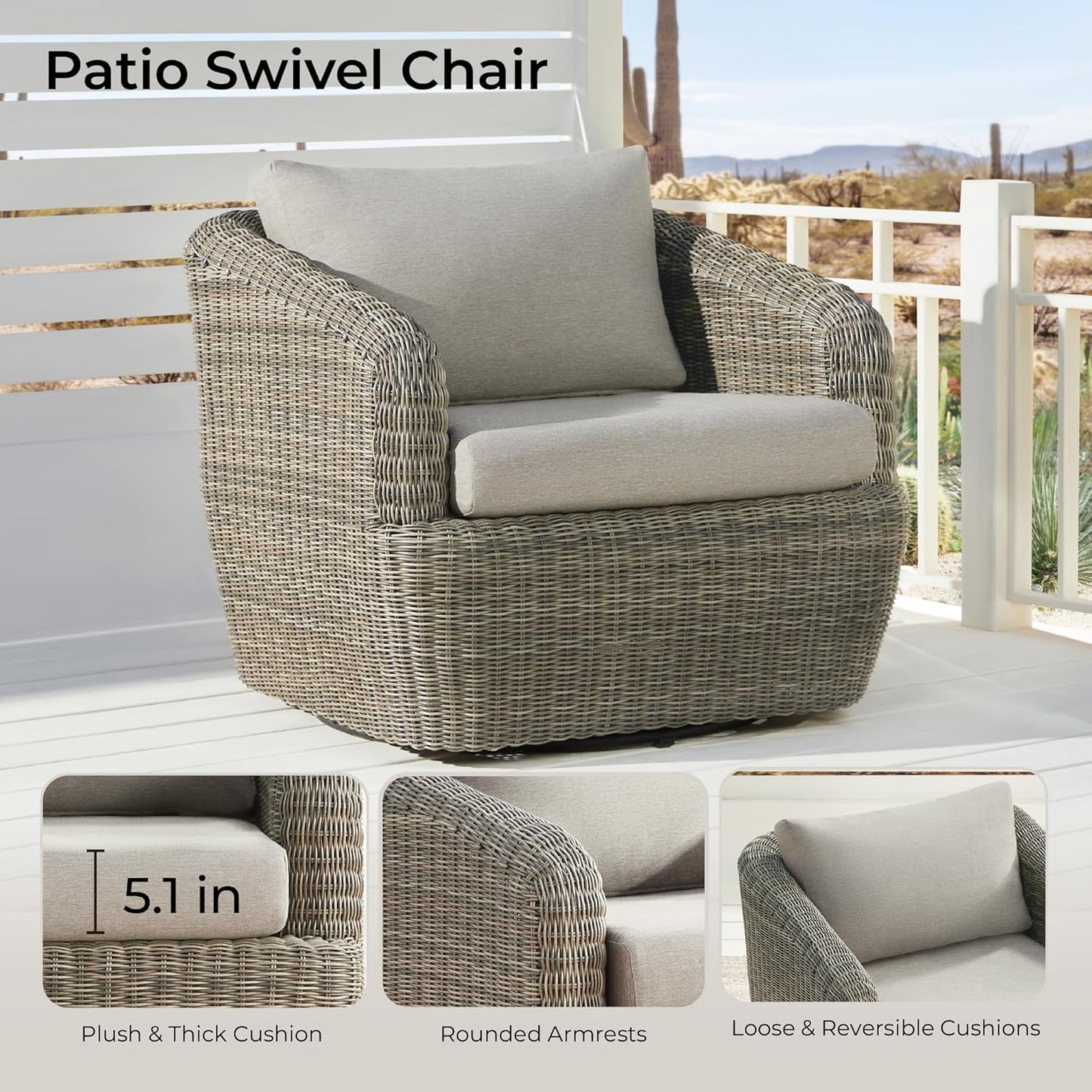 CHITA Patio Wicker 360° Swivel Chair with Removable Cushion, Backyard Rattan Chair for Sunrooms, Patios, Decks, Fully Assembled(Gray Cushions with Brownish Gray Wicker)