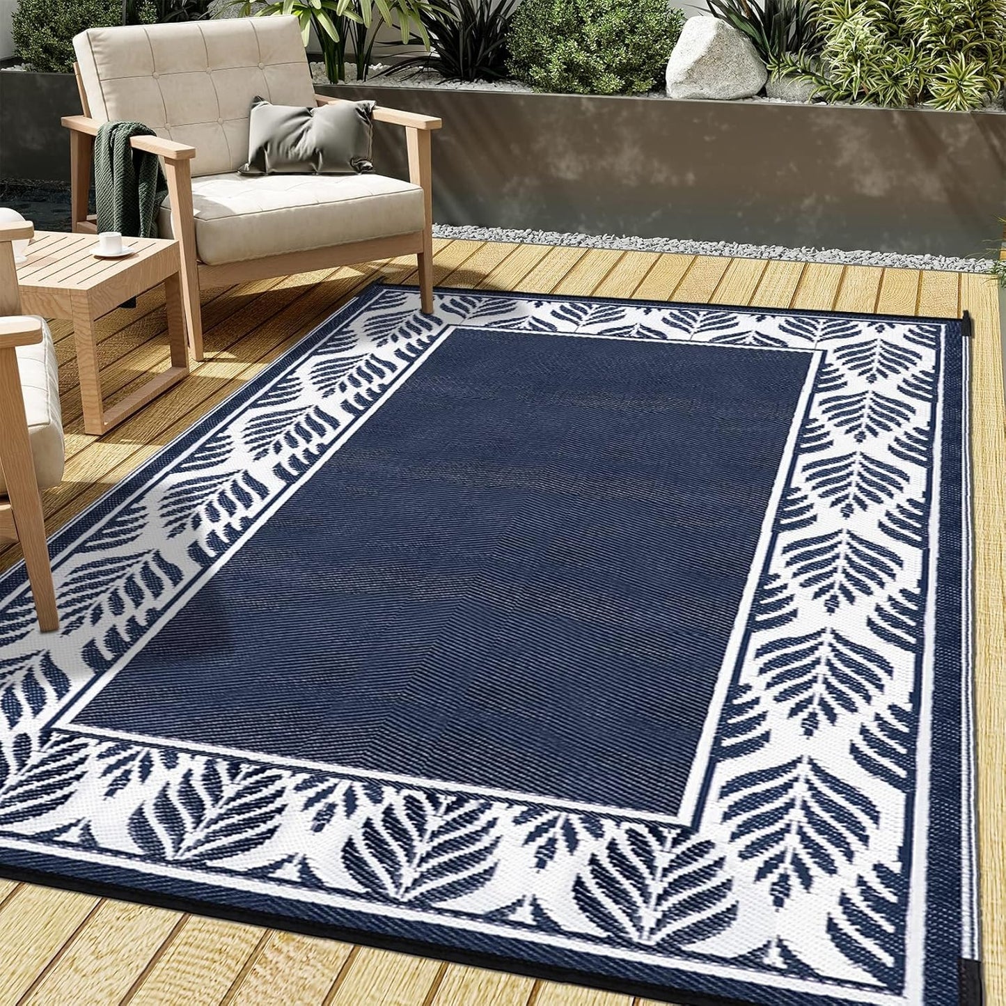 Outdoor Plastic Straw Rug, Waterproof Mat, Washable Large Floor Mat and Rug for Outdoors, RV, Beach, Patio, Camping, Backyard, Deck, Picnic, Outside (5x8ft,Olive-Leaf/Dark Blue&White)
