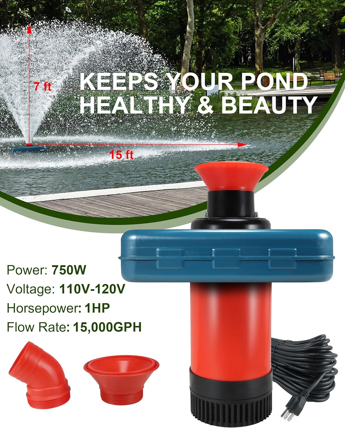 Pond Fountain Aerator 1HP, AS1 750W 15000GPH 110V 120V High Flow Floating Water Fountain Pump With 100ft Power Cord, Thickened Body Aerating Fountains Cascade for Large Small Pond/Lake (No Timer)
