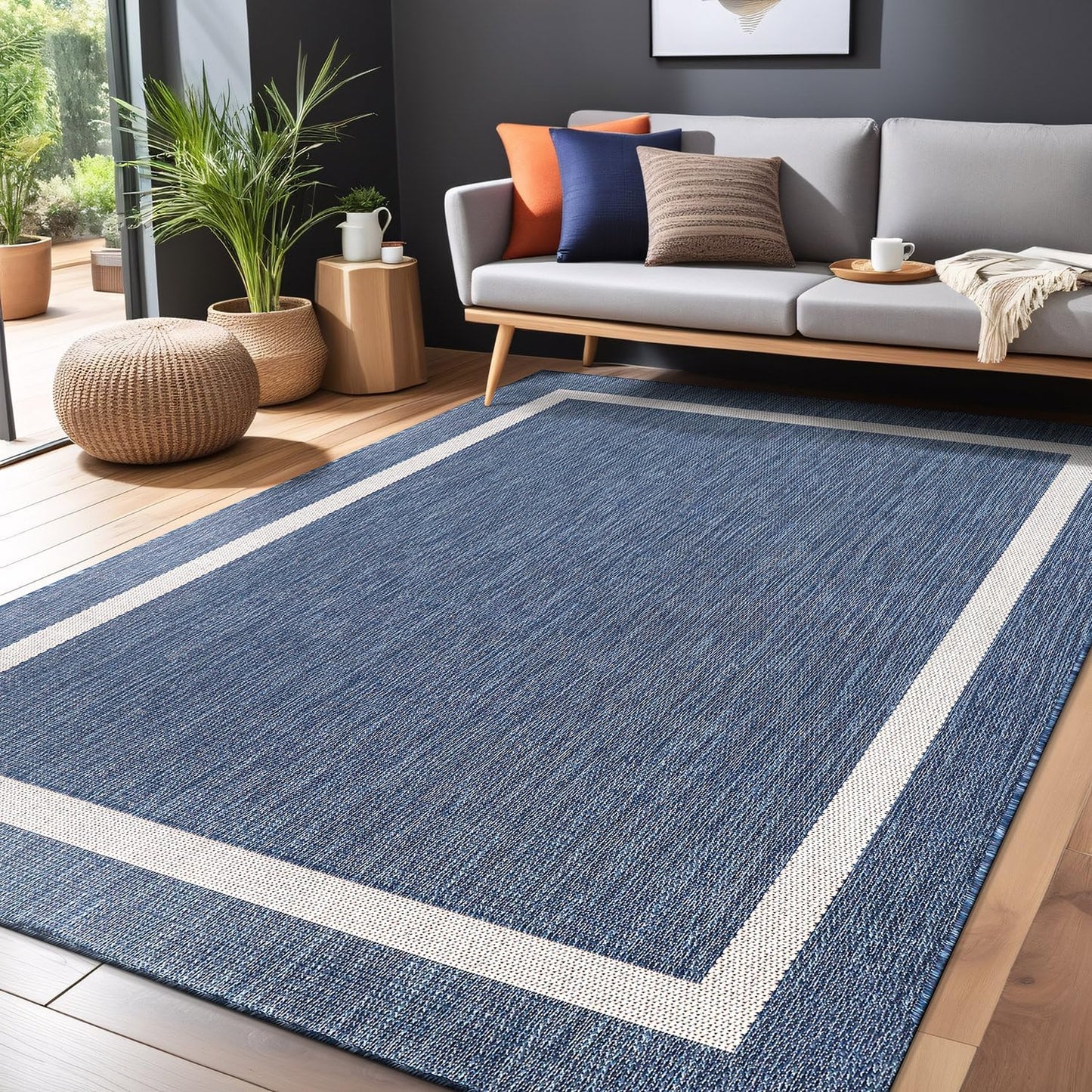 Bordered Outdoor Rug 5x7 Washable Outside Carpet for Indoor Patio Porch Waterproof Easy Cleaning Non Shedding Area Rugs Blue 5 x 7