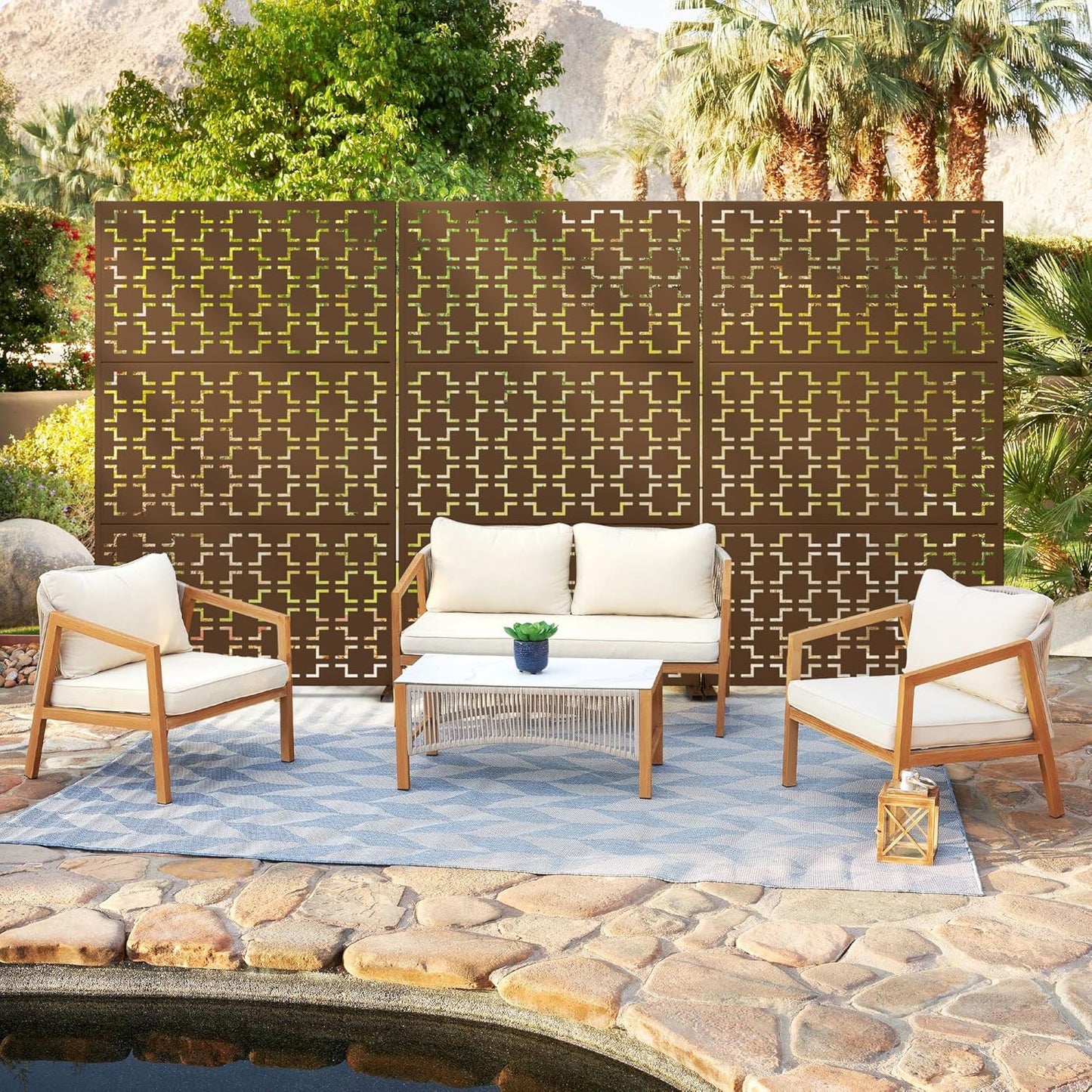 Metal Privacy Screen Outdoor 72" H×47" W,Freestanding Decorative Privacy Screen for Balcony Yard&Garden,Privacy Fence-Brown&Square