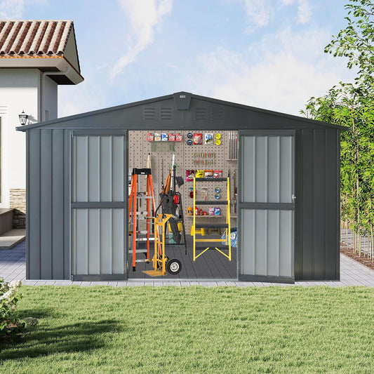 Domi Outdoor Storage Shed 11’ x 9’, Metal Sheds with Galvanized Steel Frame & Windows & Lockable Door, Garden Shed Tool Storage Room for Patio, Grey