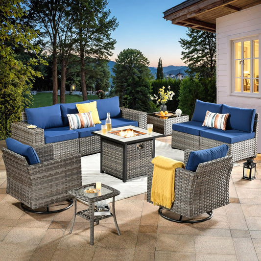 ovios 10 Pieces Patio Furniture Set, Outdoor Wicker Sectional Sofa with 30" Fire Pit Table Swivel Chairs, Modern Modular Deep Seat Rattan Couch Conversation Sets, Navy Blue