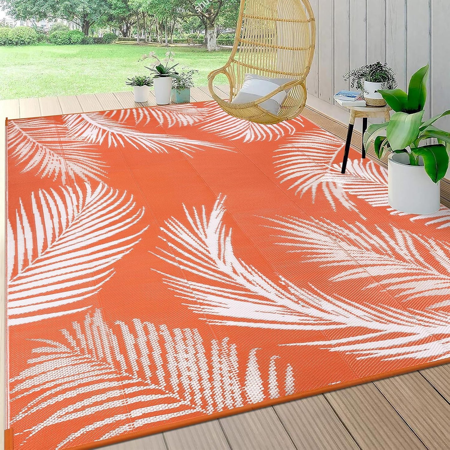 Pauwer Waterproof Outdoor Rug 8x10, Reversible Plastic Straw Patio Camping Rug, Indoor Outdoor RV Mat Carpet for Deck, Camper, Porch, Balcony, Backyard, Picnic, Leaf Orange