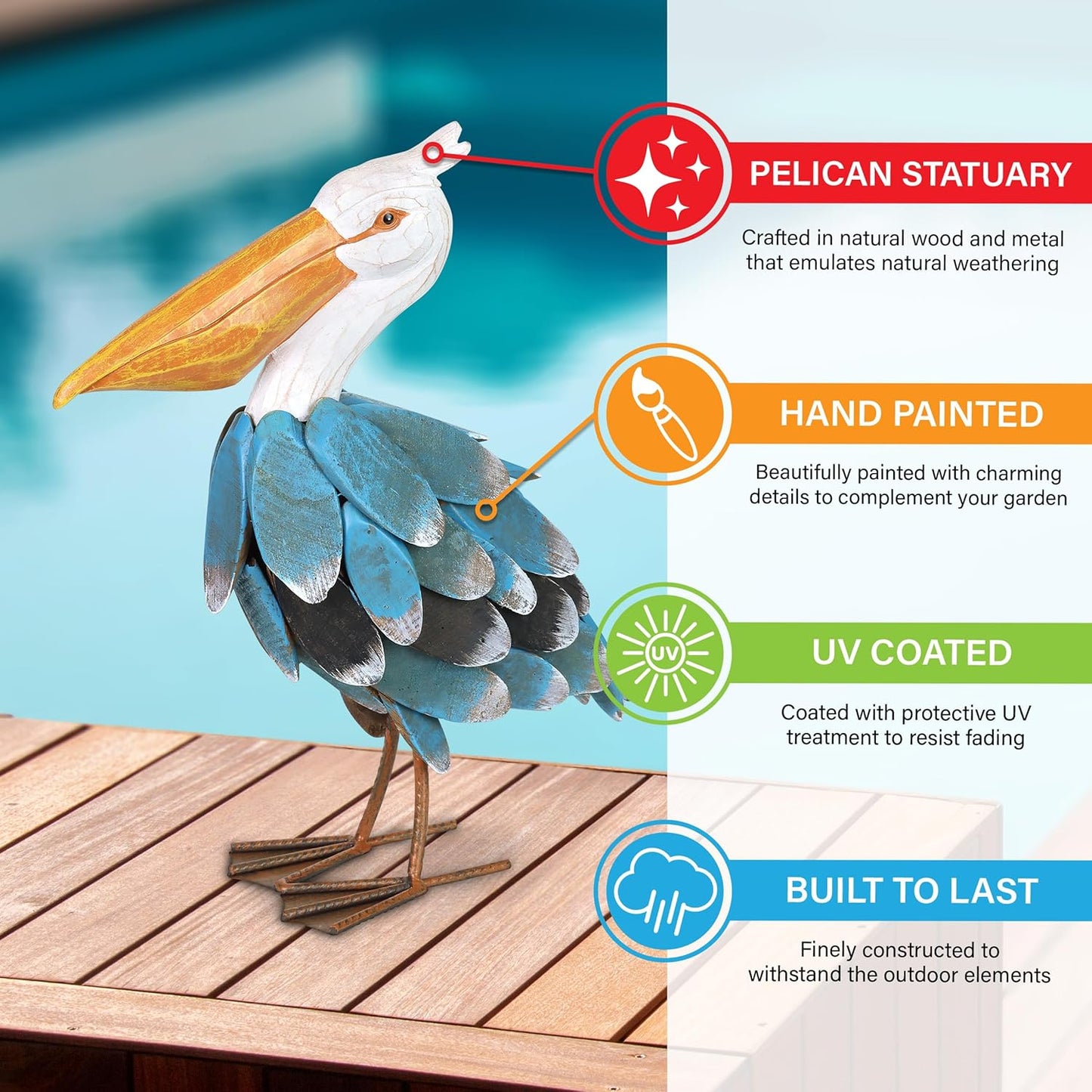 Exhart Garden Sculpture, Pelican Garden Statue, Hand Painted Wood and Metal Outdoor Garden Decoration, 13 x 5 x 15 Inch