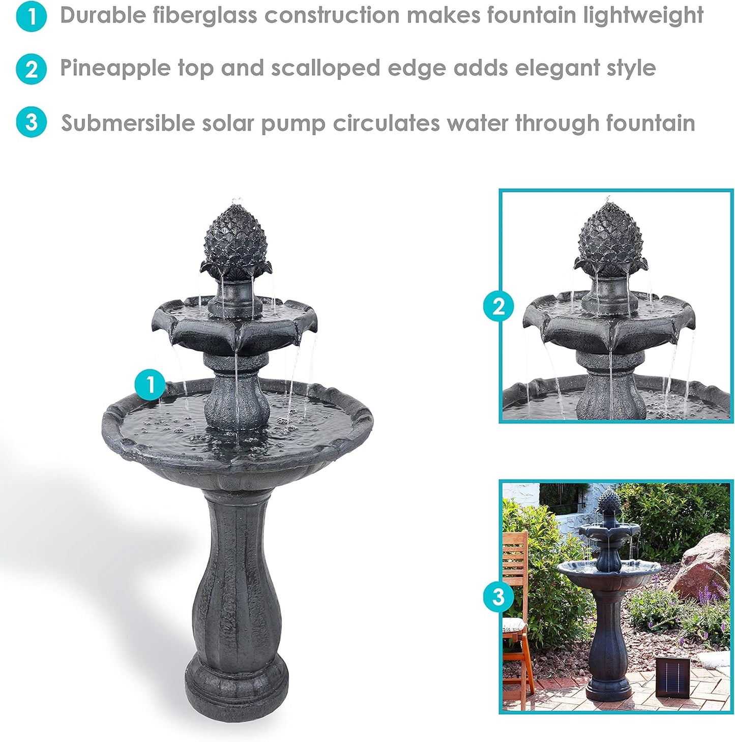 Sunnydaze Pineapple 46-Inch 2-Tier Outdoor Solar Fountain - Decorative Water Fountain with Pump for Garden, Patio, Yard or Balcony - Black