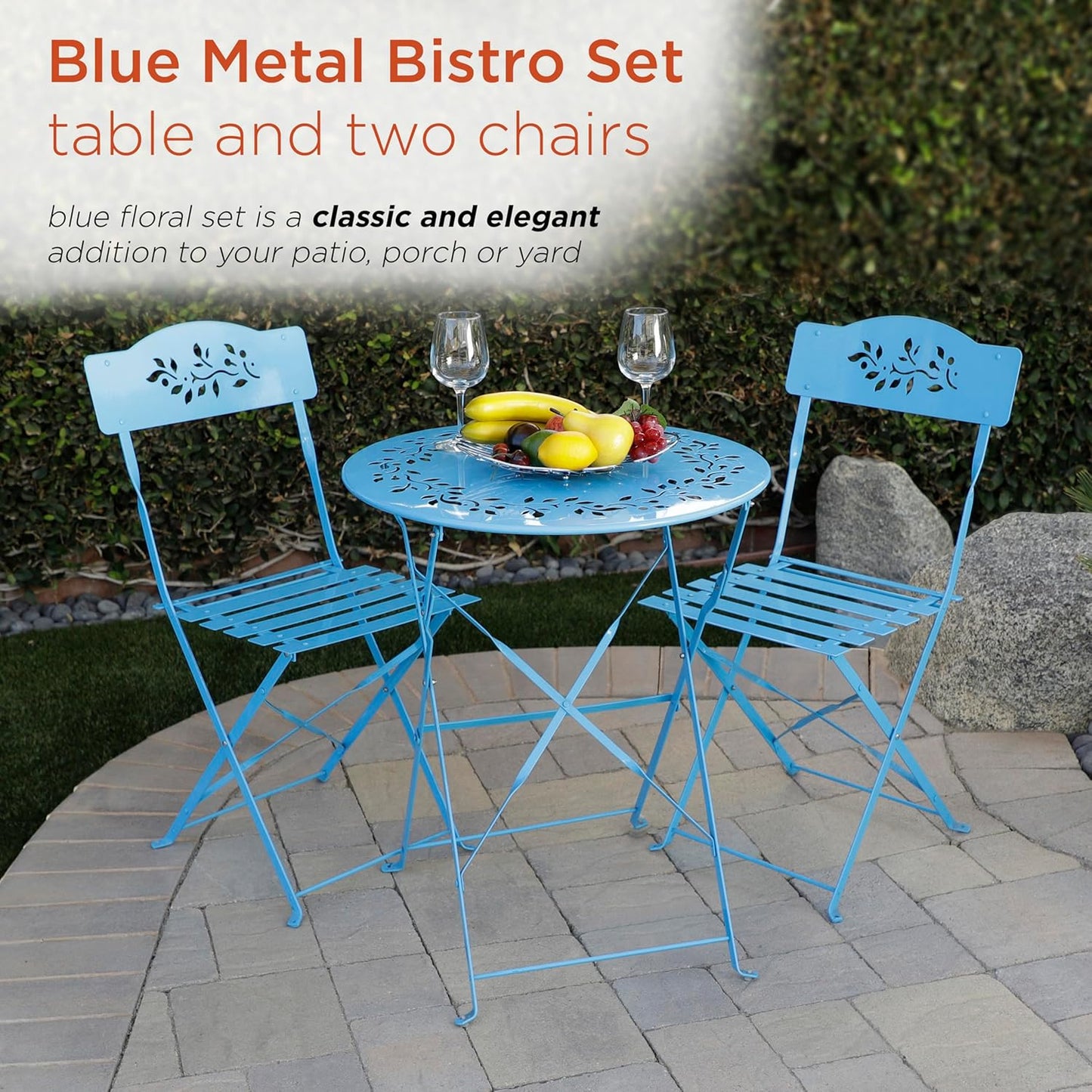 Alpine Corporation MSY100A-BL 3-Piece Indoor/Outdoor Bistro Set with Folding Table and Chairs, Durable Steel Patio Furniture, Vibrant Blue