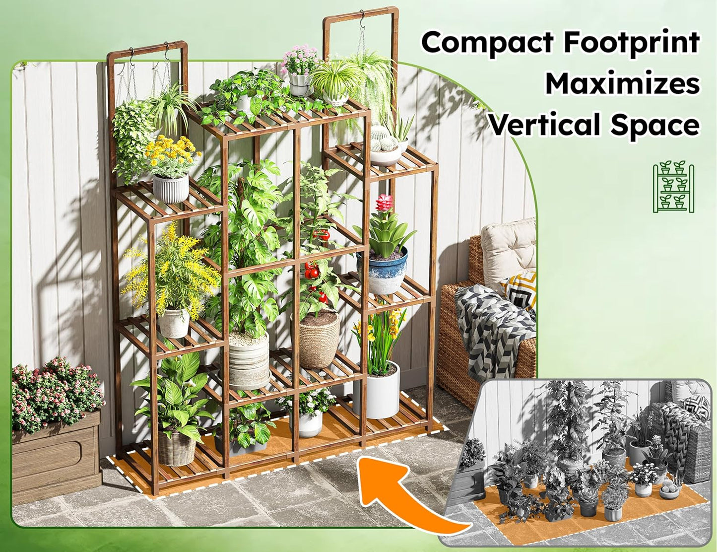 EnHomee Plant Stand Indoor Wood Plant Stand Outdoor Plant Shelf with 14-18 Potted Double Rod Large Plants Holder 440LBS Plants Shelves for Living Room Patio Balcony Yard Garden 44.8''W×11.6''D×47''H