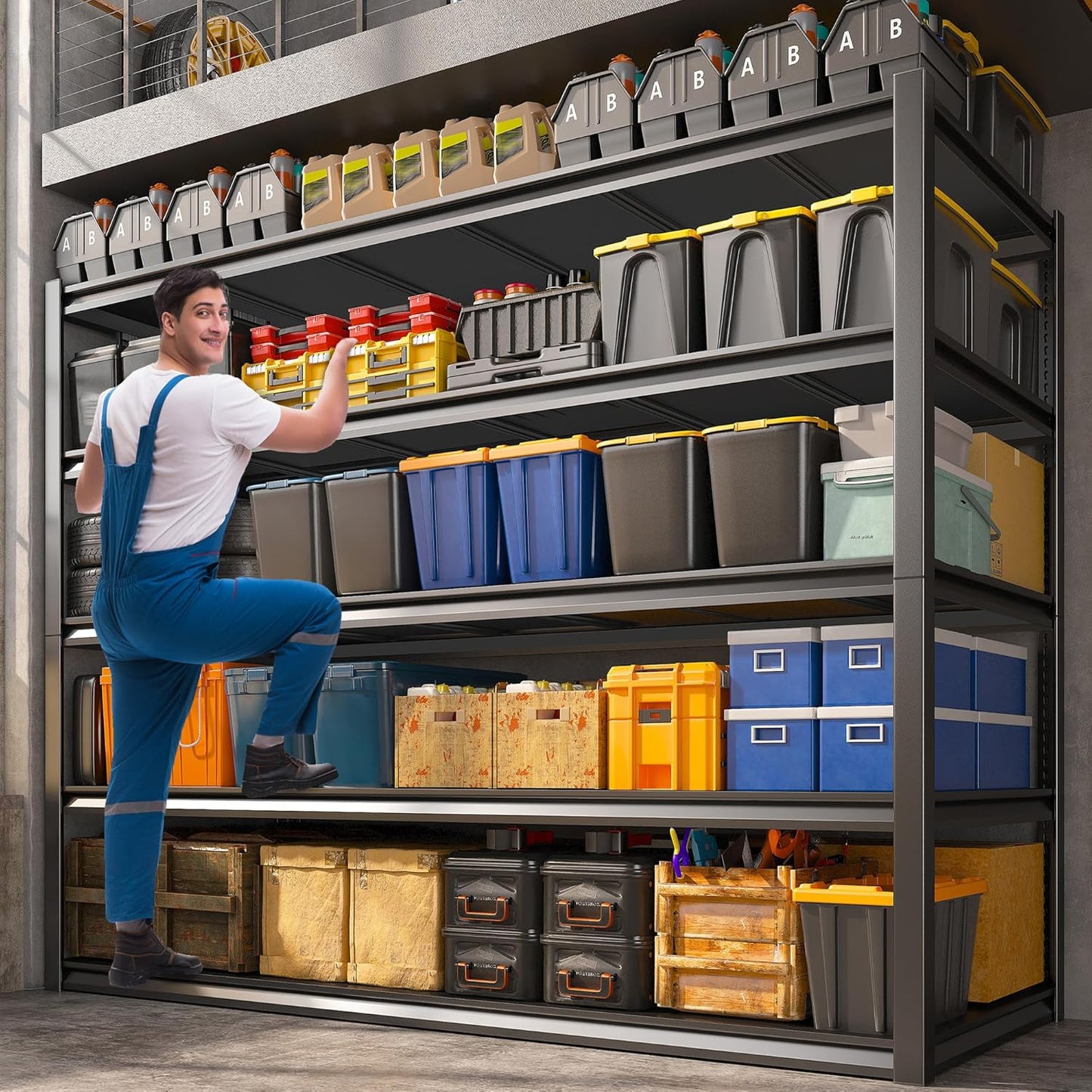 REIBII 48.2" W Garage Shelving Heavy Duty Metal Shelving 3000LBS Storage Shelves Adjustable Metal Shelf Industrial 5 Tier Shelves for Basement Pantry Warehouse Supermarket 72.2" H x 24.2" D x 48.2" W