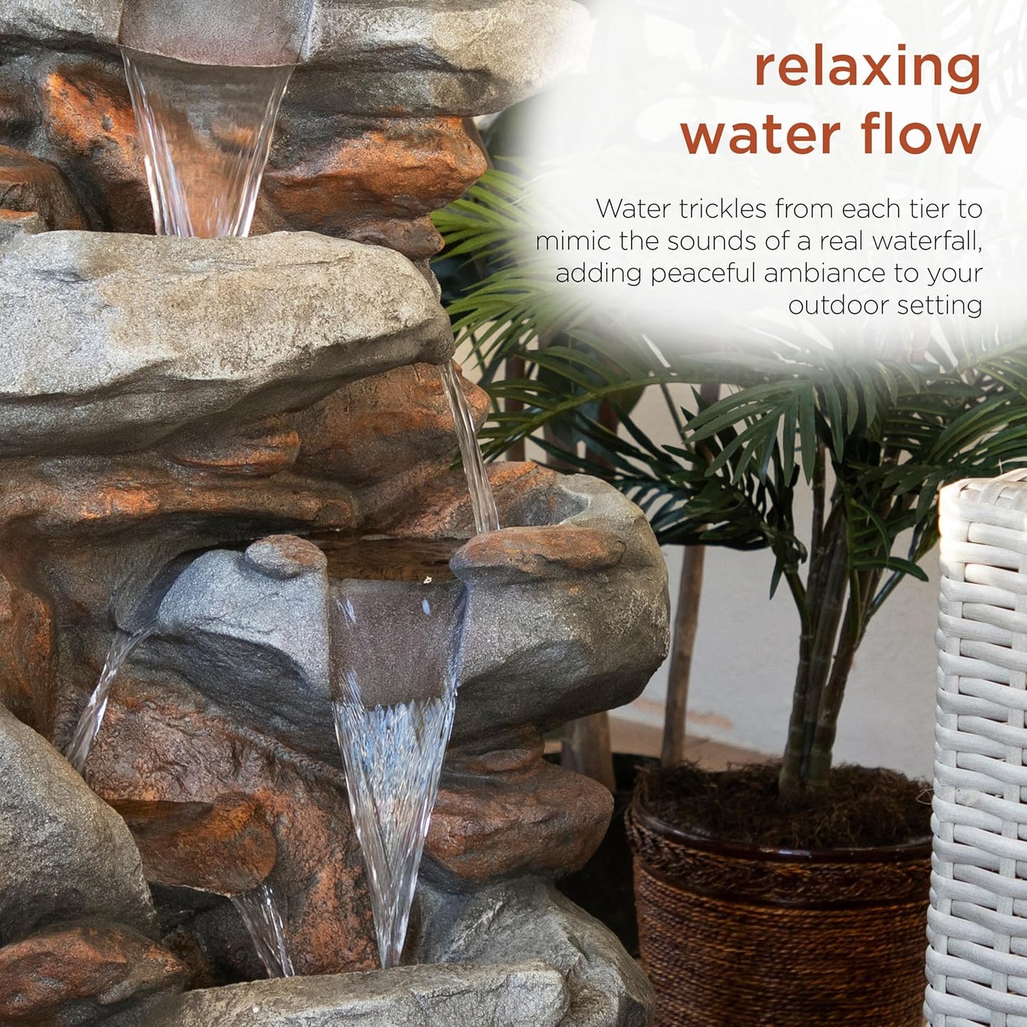 Alpine Corporation WIN316 40" Floor Fountain – 4-Tiered Rock Water Feature with Cascading Streams & White LED Lights – Tranquil Outdoor Décor for Garden, Patio, Yard, Deck, or Porch, Light Gray