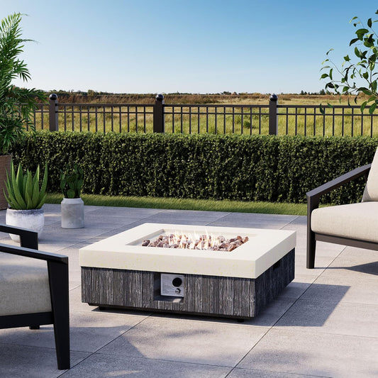 COSIEST 35" Outdoor Propane Fire Pit Table Square Gas Fire Pit Table with Concrete & Wood Grain Design, 50000BTU CSA Certified Electronic Ignition Fire Tables for Patio, Backyard, Garden Heating