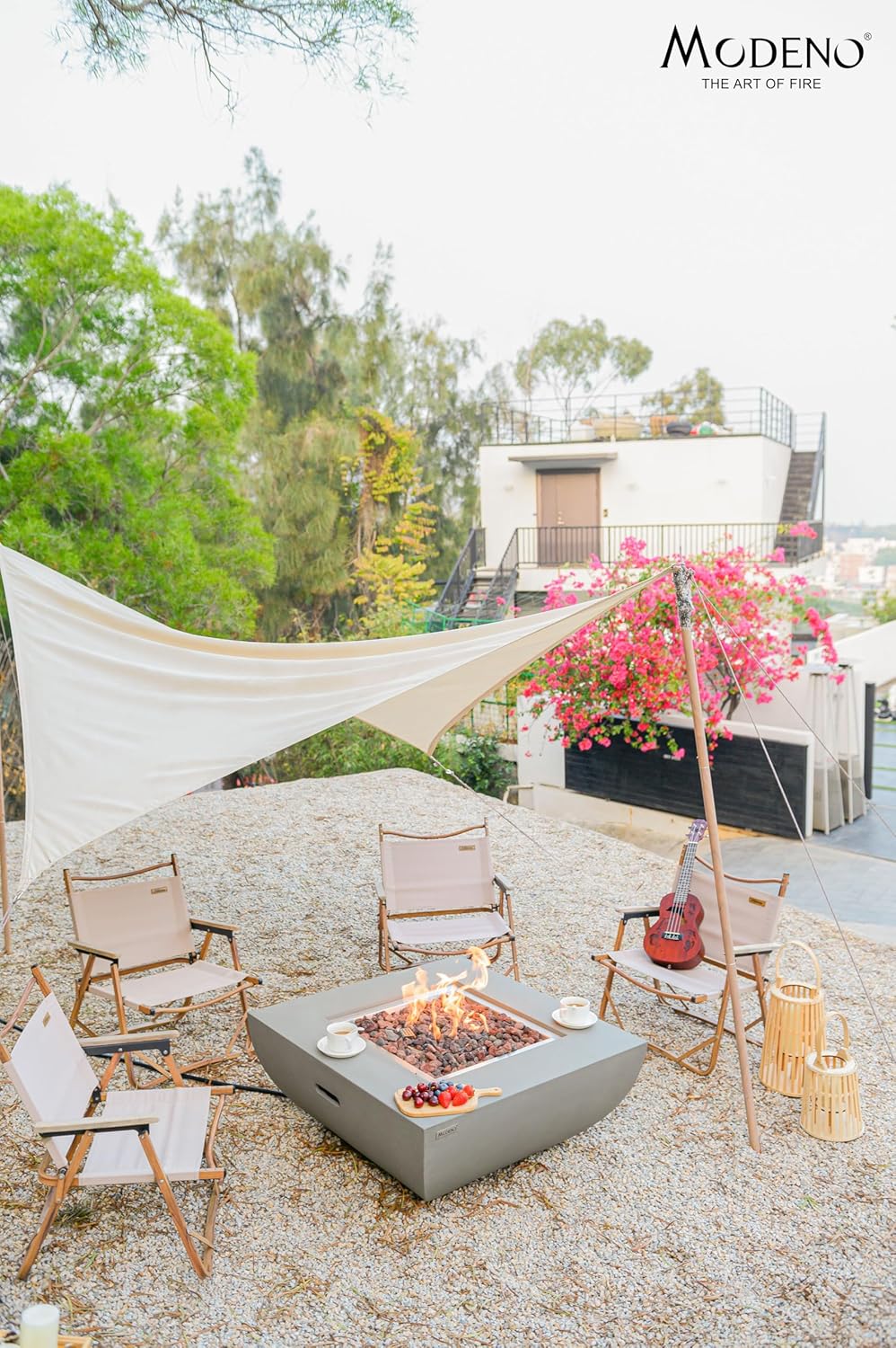 AMS Fireplace | Modeno | Westport | Firepit Table | Cover and Lava Rocks Included | (Fuel: Liquid Propane - Light Gray)