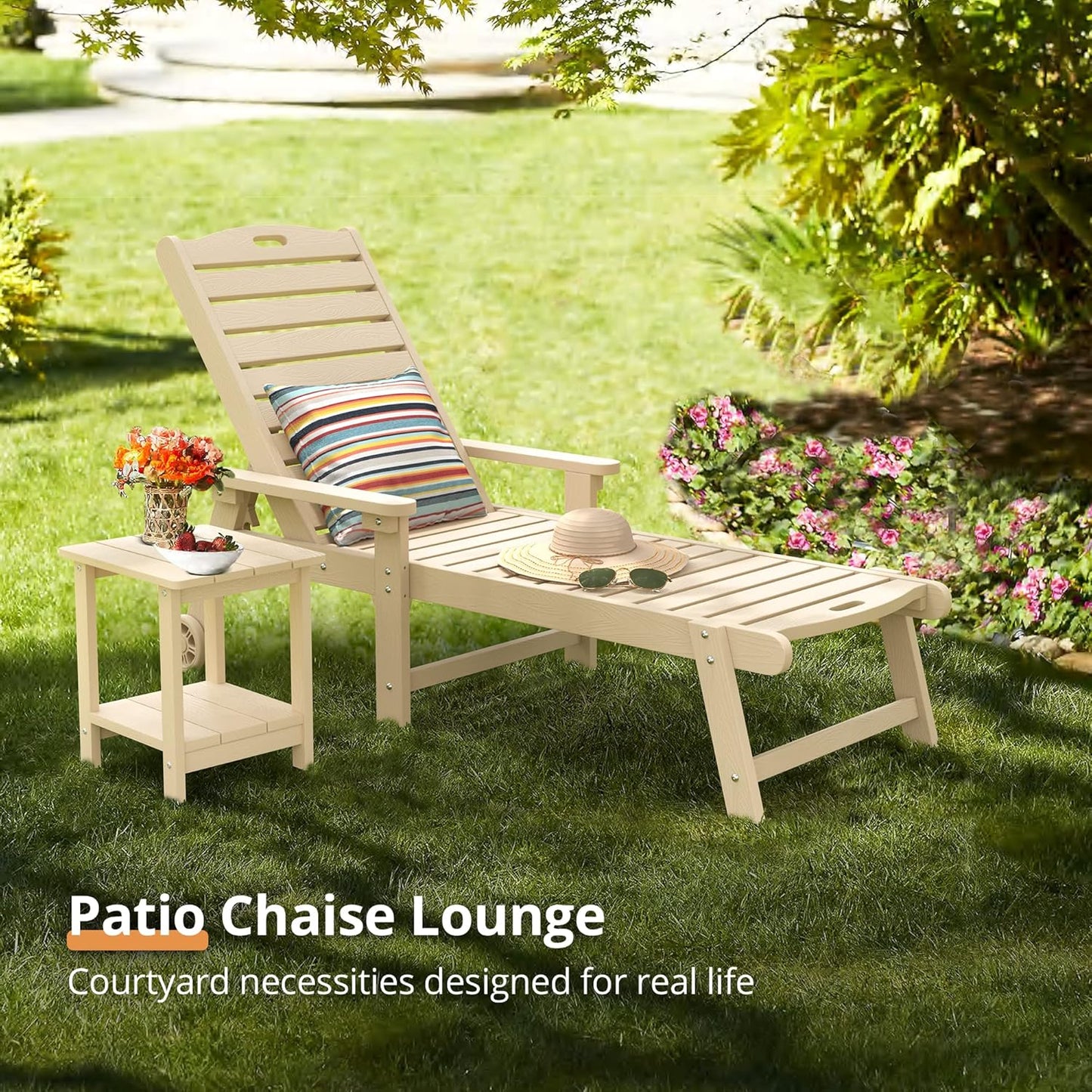 LUE BONA Chaise Lounge Chairs Set with Table, 6-Piece, 79'' Oversized HDPS Chaise Lounger, 5 Positions Adjustable Patio Lounge Chairs, Pool Lounge Chair with Wheels for Poolside, 3-Year Warranty, Sand