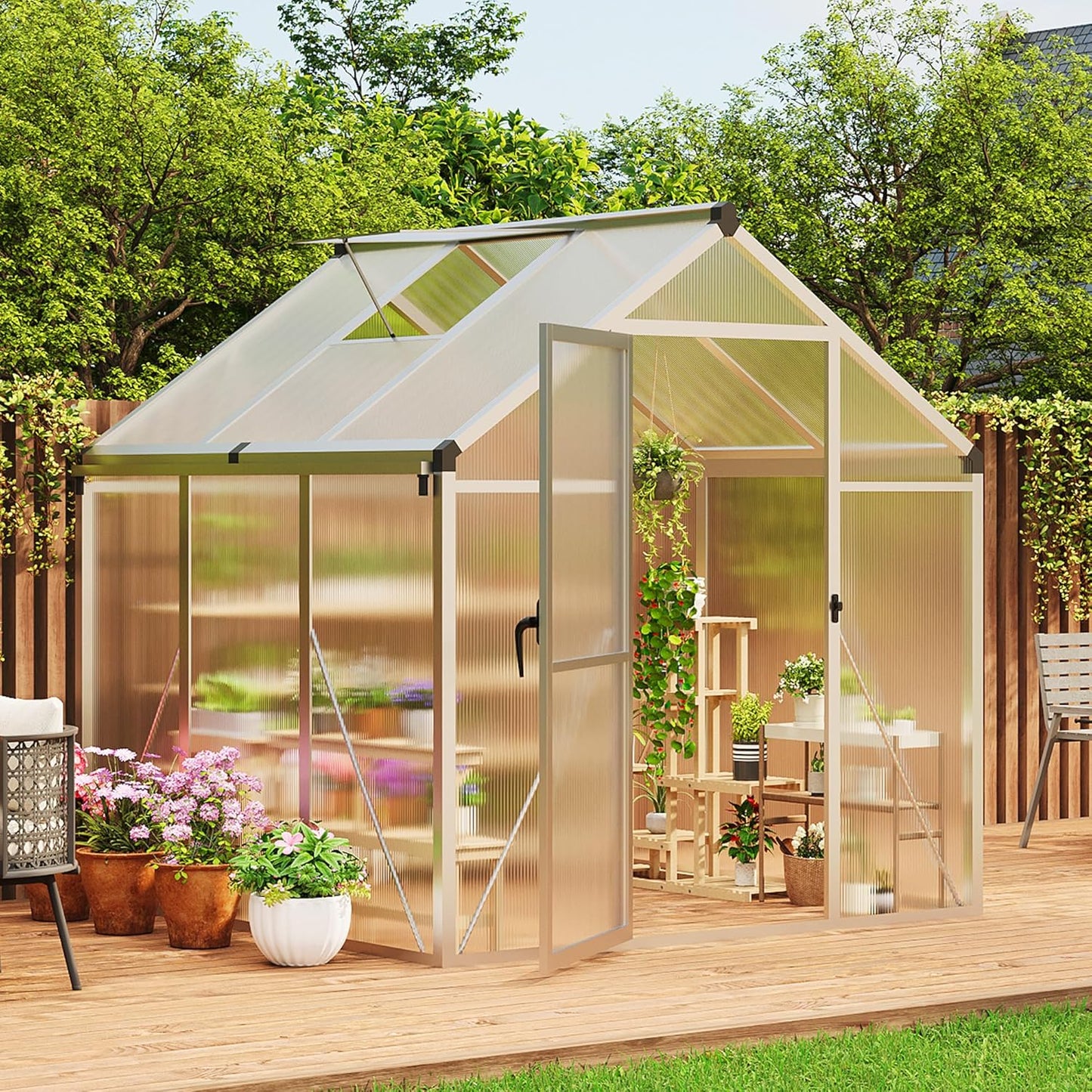 6 x 6 FT Greenhouse, Greenhouses for Outside, Polycarbonate Greenhouse with Aluminum Frame, Lockable Door and Ajustable Roof Vent for Backyard, Green Houses for Outside Garden Backyard, Patio