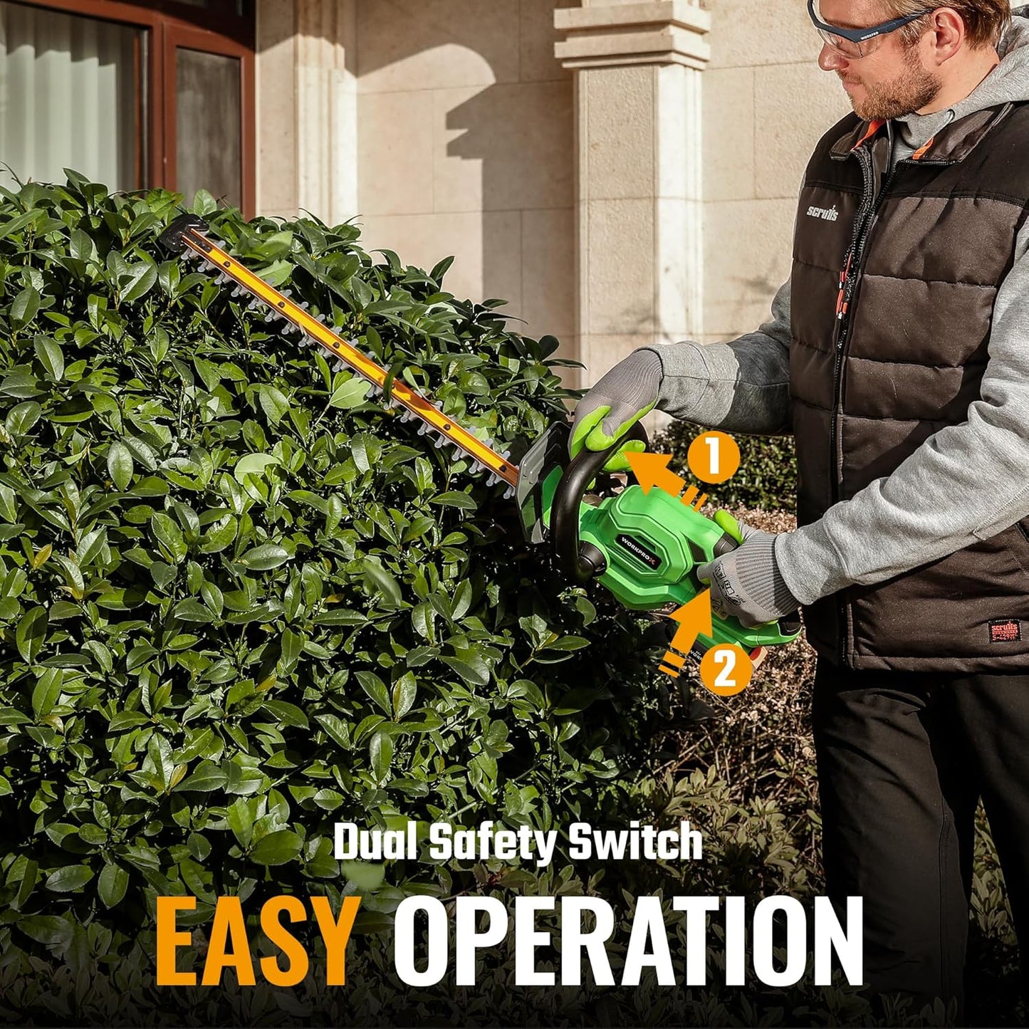 WORKPROX 20V Cordless Hedge Trimmer, Electric Bush Shrub Trimmer, 22" Dual-Action Blade and 3/4" Cutting Capacity with Safety Lock, Great for Garden, Yard, 2.0Ah Battery & Charging Cable Included