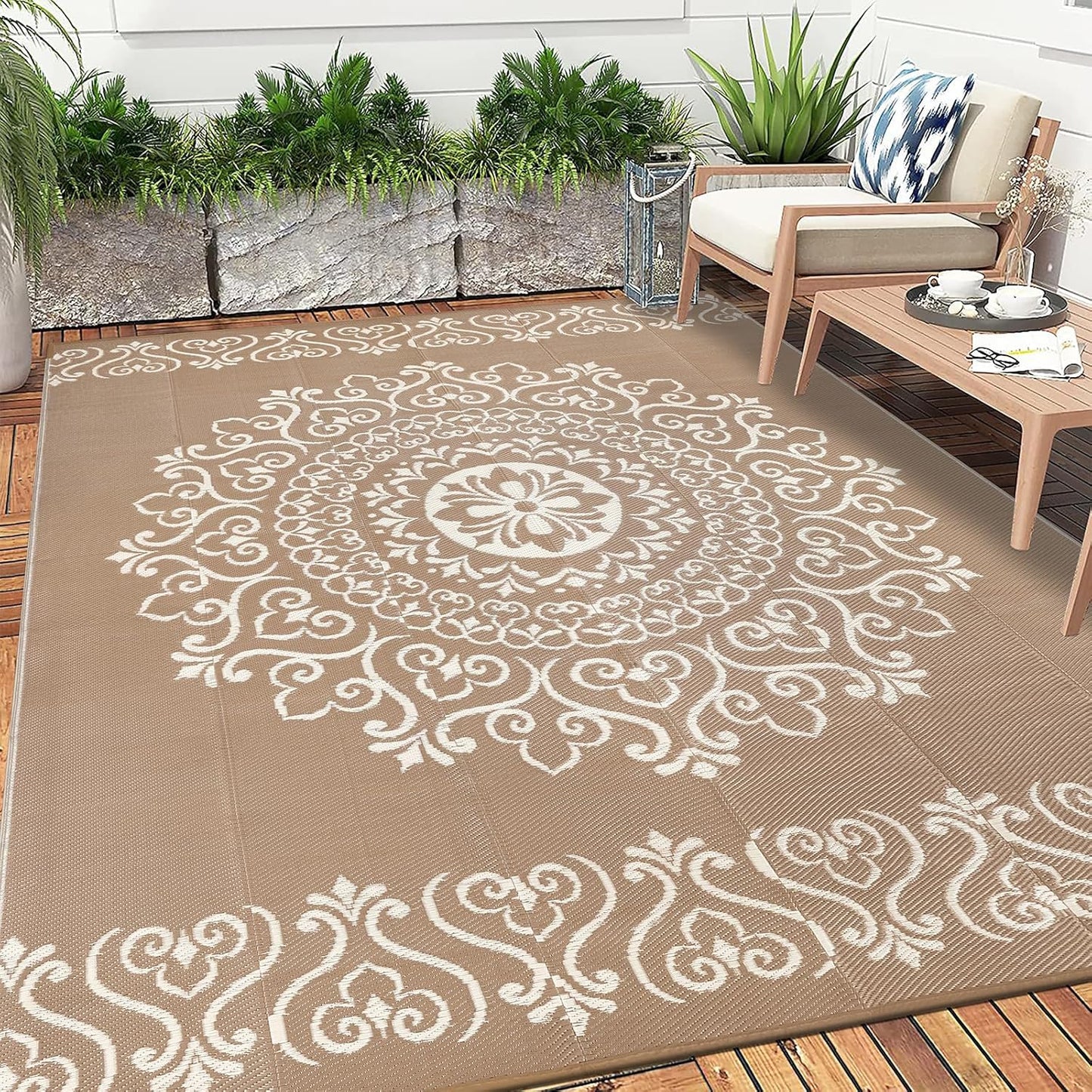 Pauwer Waterproof Outdoor Rug 9x12, Reversible Plastic Straw Patio Camping Rug, Indoor Outdoor RV Mat Carpet for Deck, Camper, Porch, Balcony, Backyard, Picnic, Floral Brown