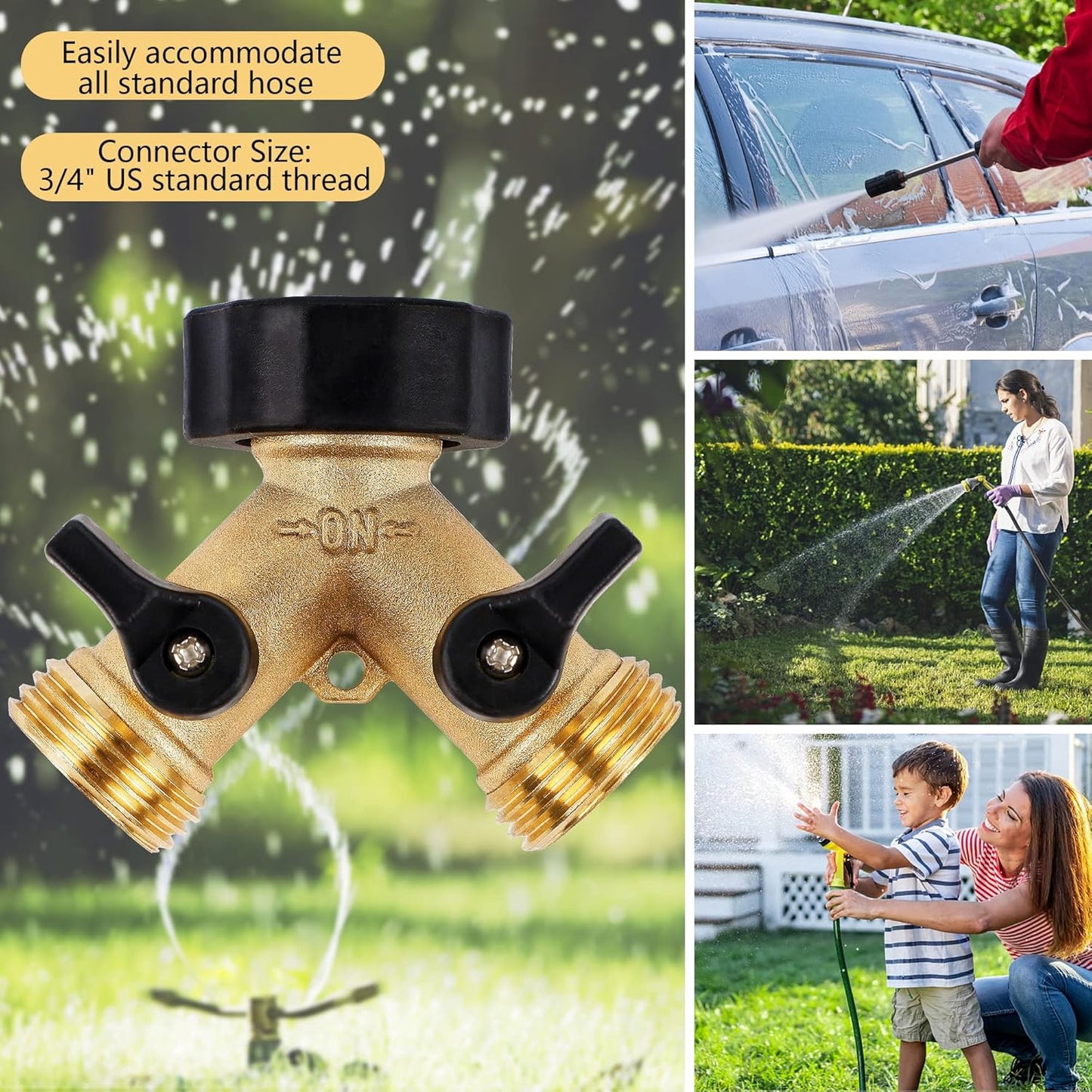 Biswing 2 Pack Garden Hose Splitter 2 Way, Heavy Duty Brass Connector Tap Splitter, Y Splitter 2 Valves with 4 Extra Rubber Washers