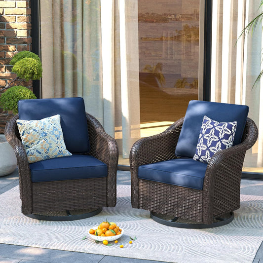 Outdoor Wicker 360 Degree Swivel Glider Rocker Chairs Set, Patio Conversation Furniture Set with Washable Cushions for Garden, Poolside (Navy Blue)