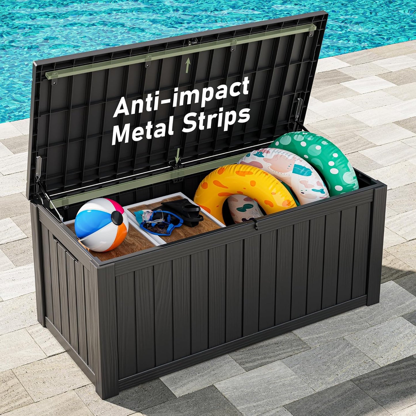 NUNU LAB Outdoor Storage Box,120 Gallon Deck Box,Resin Waterproof Outside Storage Bench,Outdoor Storage Cabinet With Lockable Lid,Backyard Deck Box For Garden Tools,Patio Cushions,Pool Accessories