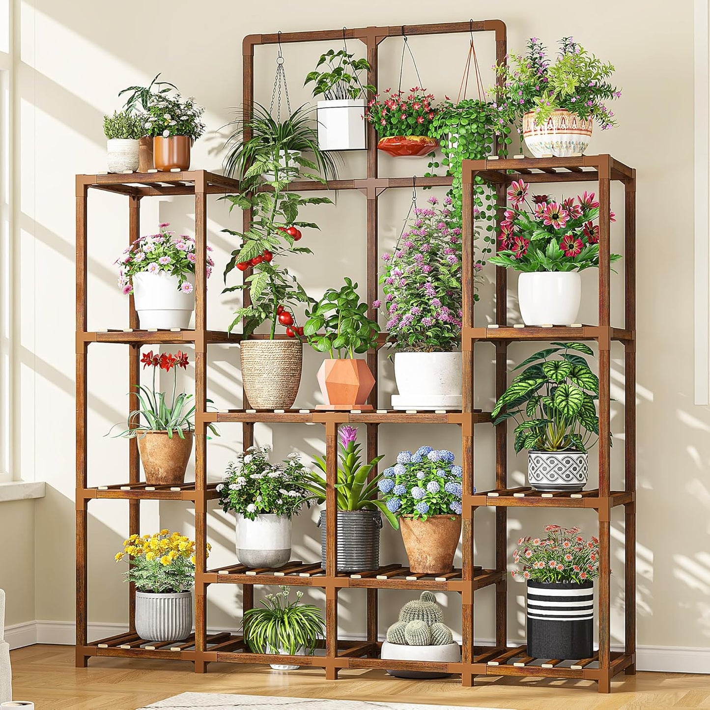 EnHomee Plant Stand Indoor Wood Plant Stand Outdoor Tiered Plant Shelf for Multiple 16-21 Potted Plants for Living Room Patio Balcony Yard Garden 44.9" W x 11.8" D x 62.2" H