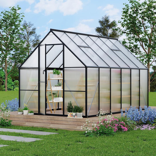 Greenhouse 8x14 FT Aluminum-Framed Heavy Duty Polycarbonate with Quick Setup Structure and Roof Vent Large Enhanced Outdoors Green House Kit