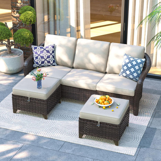 3 Pieces Patio sectional Sofa Set, Outdoor Conversation Furniture Set, 78" 3-Seat Couch with 2 Ottomans, 47" Metal Coffee Table, Rattan Wicker Sofa with Washable Cushions (Beige)