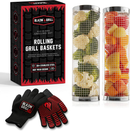 BLAZIN' GRILL Rolling Grill Basket | Rolling Grilling Baskets for Outdoor Grilling 2 Pcs | Barbecue Grill Set with BBQ Gloves | Portable Camping Net Rack Perfect for Vegetables, Seafood & Meat