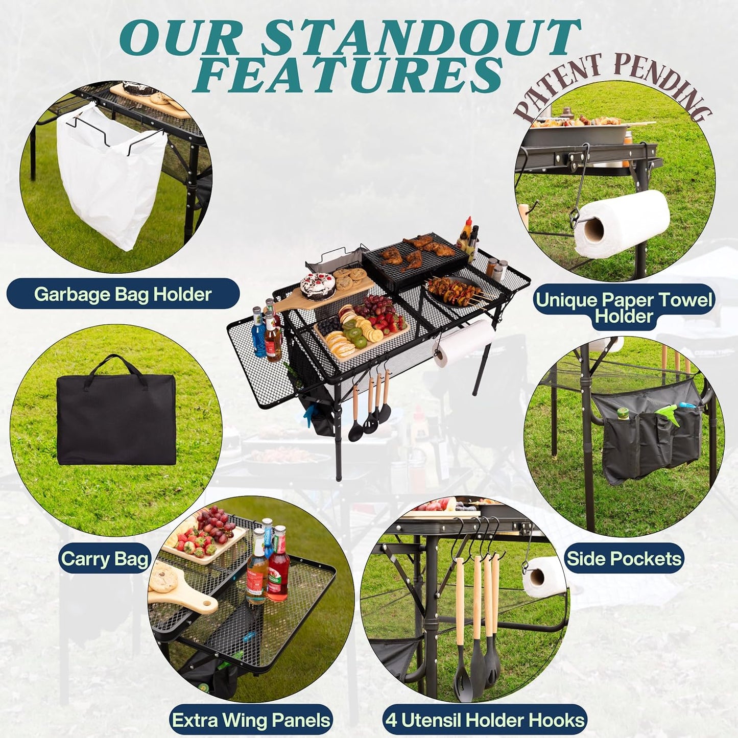 Folding Table w/ Carry Bag, Paper Towel Holder, Garbage Holder, Wing Panels, 3x2 FT Foldable Table for Portable Grill, Picnic, Outdoor, Beach, Small Folding Table Adjustable Height,Camping Table, BBQ