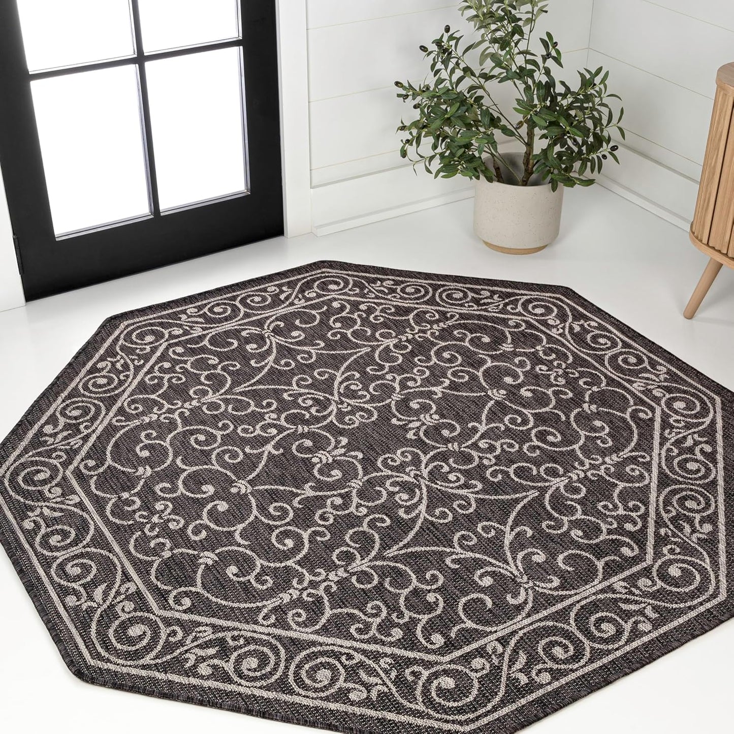 JONATHAN Y SMB106G-5TGN Charleston Vintage Filigree Textured Weave Black/Gray 5' Octagon Indoor/Outdoor Area Rug, Non-Shedding, Stain Resistant,Fade Resistant, Easy-Cleaning for Backyard Patio, Porch