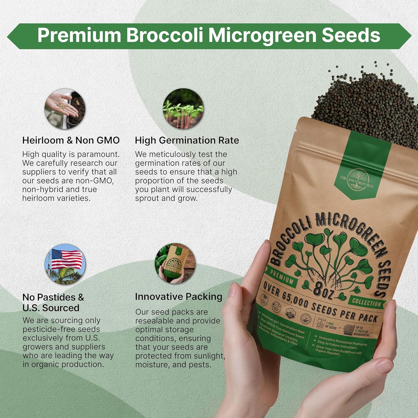 Organo Republic Broccoli Sprouting & Microgreens Seeds - 65,000 Non-GMO Heirloom Seeds, Sprouts in Bulk 8oz Resealable Bag for Planting & Growing in Soil, Coconut Coir, Aeroponic & Hydroponic System