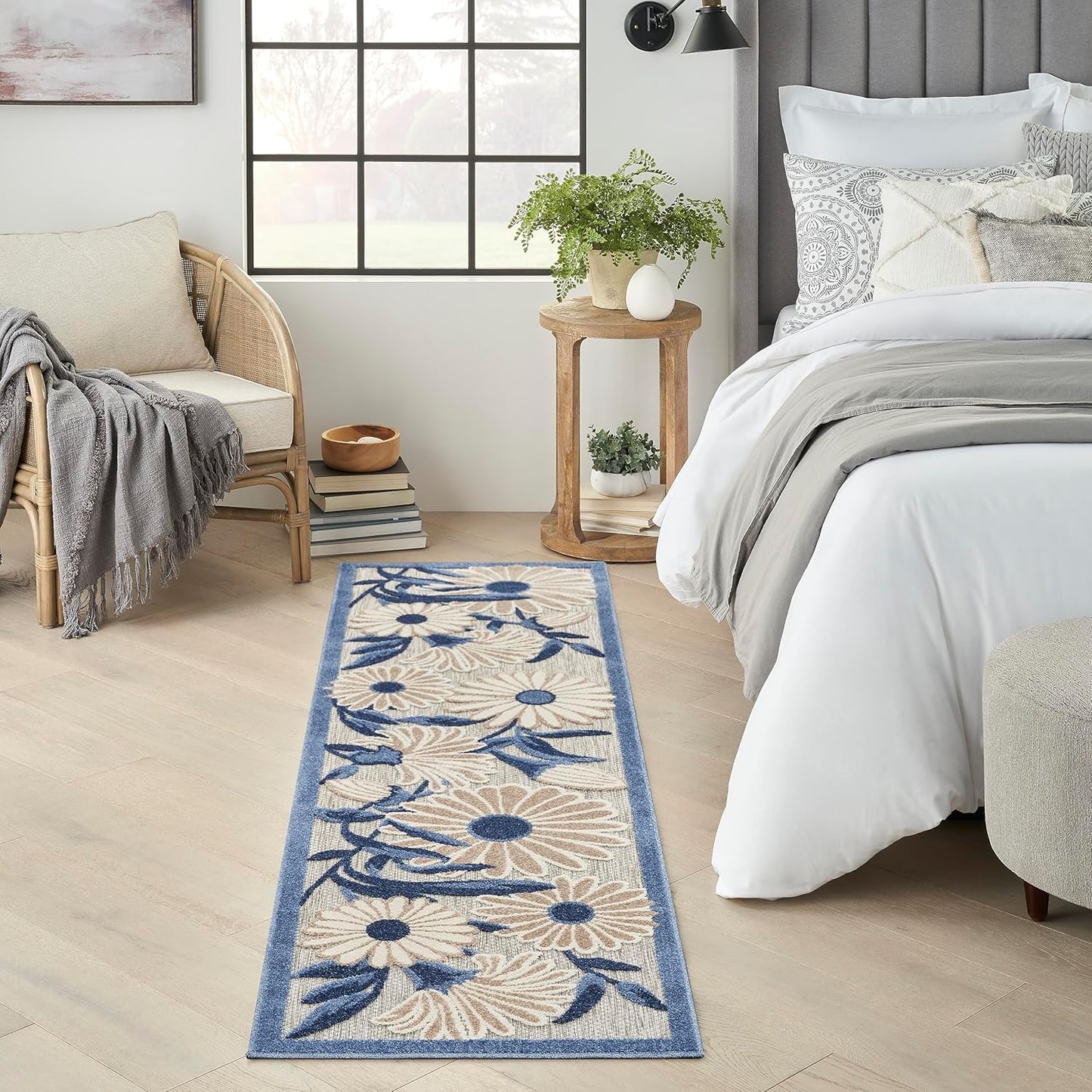 Nourison Home Aloha Outdoor Blue Grey 2'3" x 8' Area Rug, Easy Cleaning, Non Shedding, Bed Room, Living Room, Dining Room, Deck, Backyard, Patio (2x8)