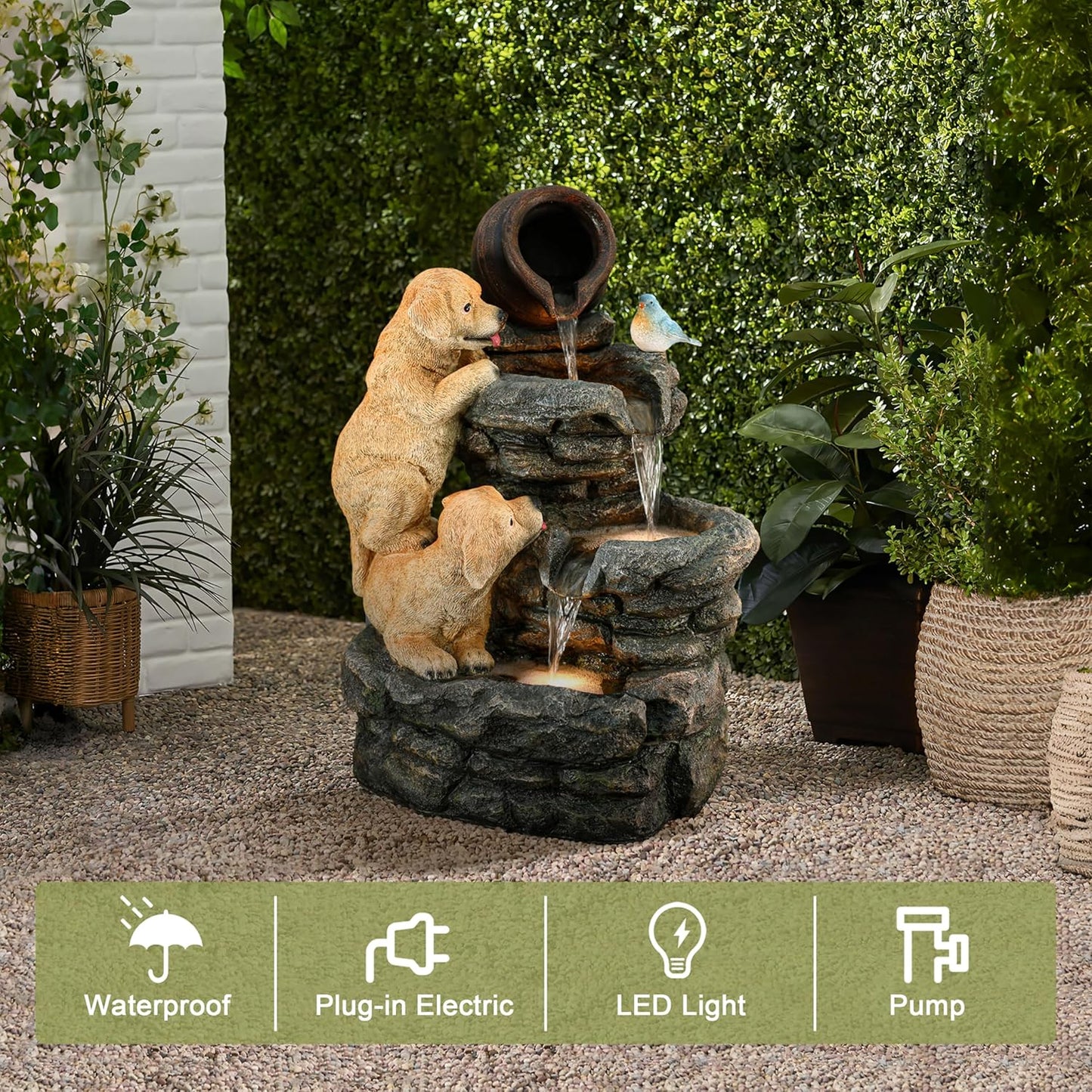 LuxenHome Outdoor Water Fountain, 26 Inch Puppy and Rock Resin Water Fountains Indoor with LED Lights, Farmhouse Waterfall Outdoor, Indoor Fountains and Waterfalls for Patio, Garden Decor