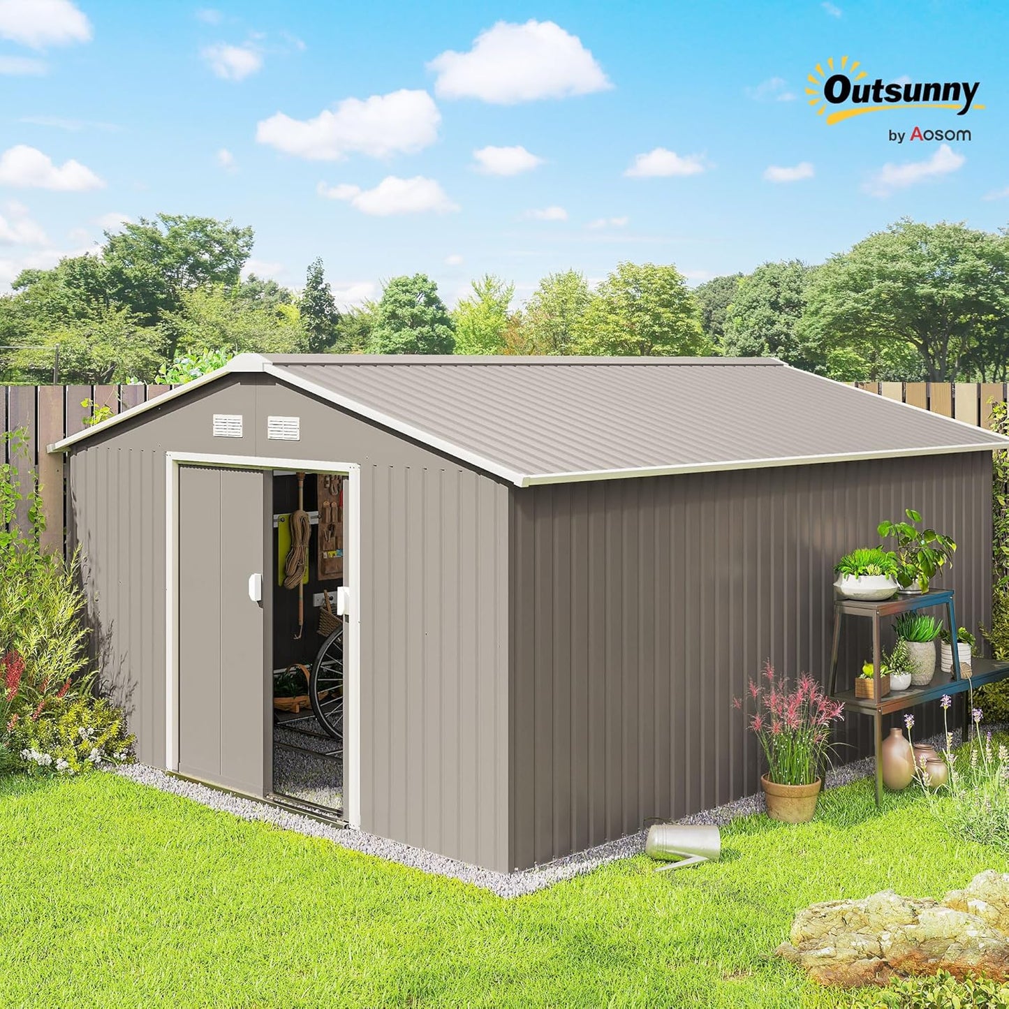Outsunny 11' x 13' Outdoor Storage Shed, Garden Tool Metal Shed with Foundation Kit, Double Lockable Door, Air Vents and Sloping Roof, for Backyard, Patio, Lawn, Light Gray