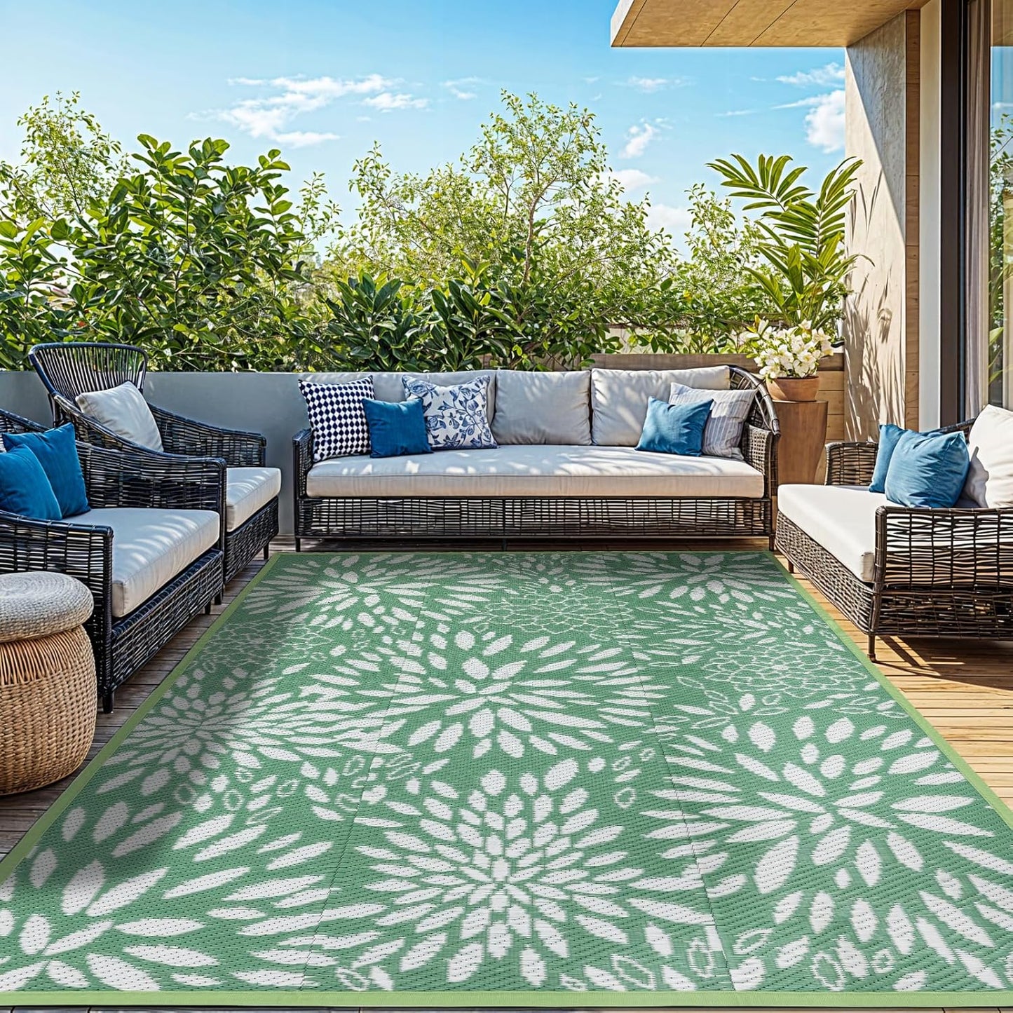 8'x10' Reversible Outdoor Rug - Eco-Friendly Plastic Straw Rug-Heavy-Duty Waterproof Mat, UV & Fade Resistant for Patio, Camping, RV, Deck, Balcony(8x10,Lake Blue&Floral)