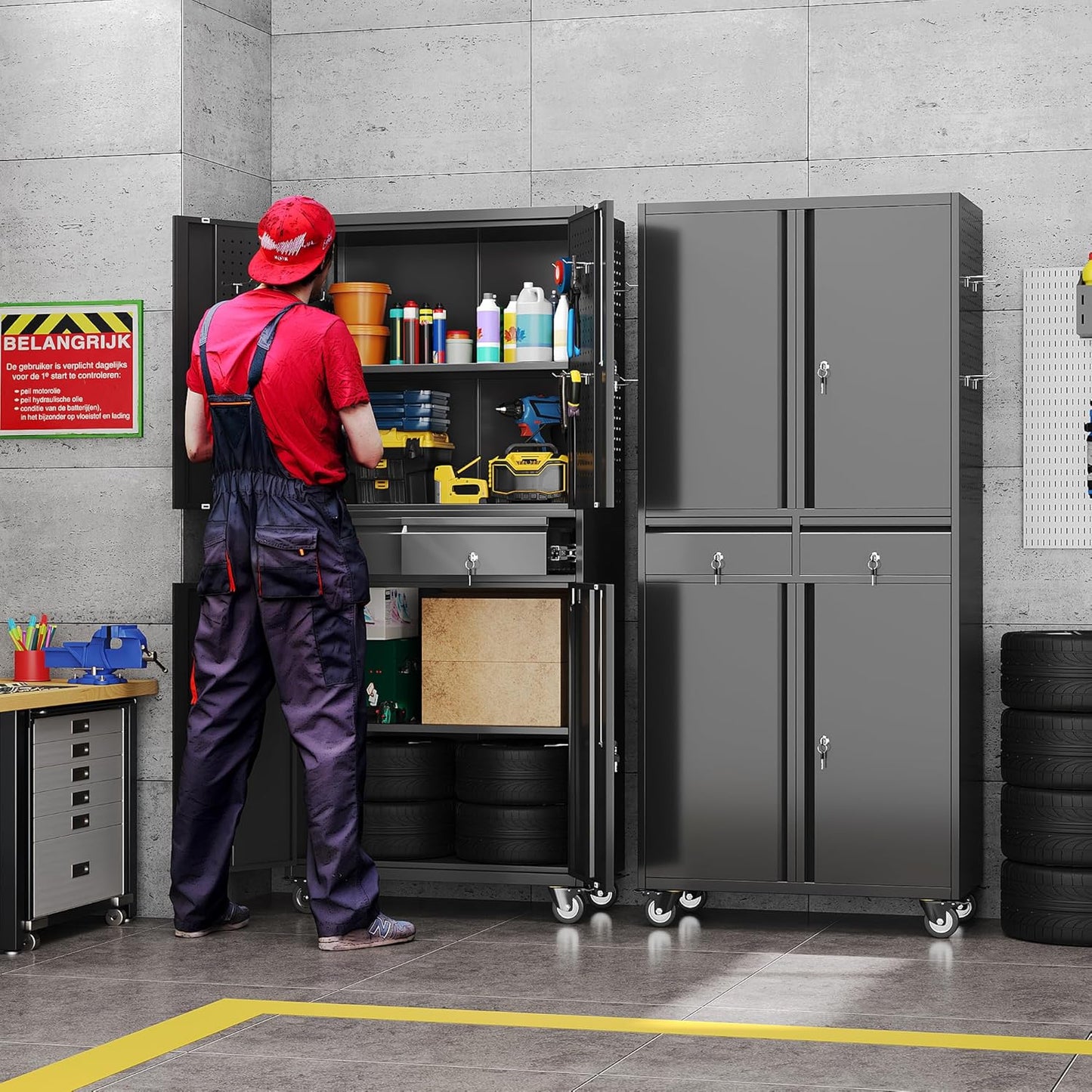 Aobabo Metal Storage Cabinet with Wheels and 2 Locking Drawers, Steel Rolling Tool Cabinet with 8 Hooks and 2 Adjustable Shelves for Garage, Home, Office, Kitchen, Assembly Required, Black