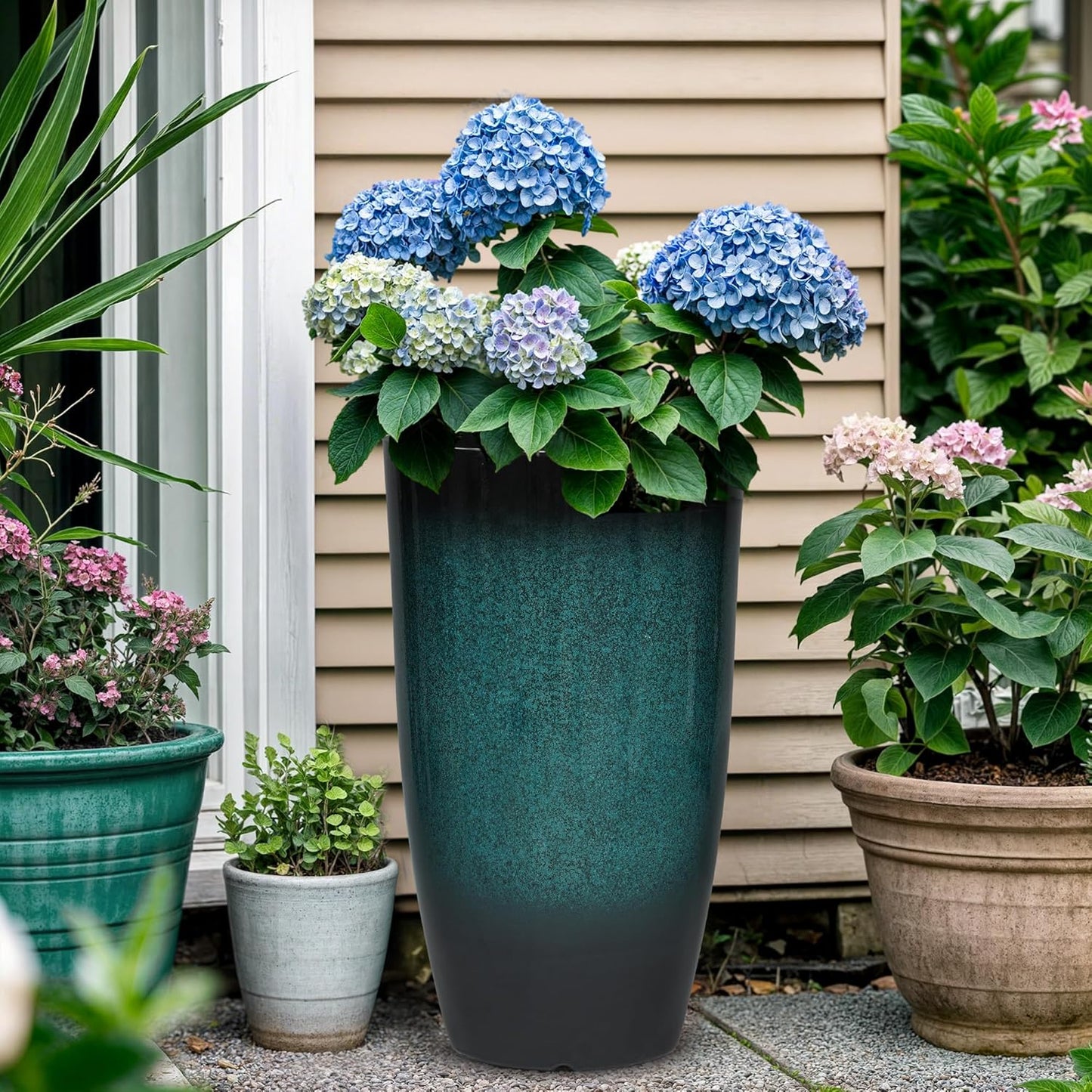 23.6" Set of 2 Tall Outdoor Planters, Gradient Turquoise Plastic Flower Pots, Weatherproof for Porch, Garden, Patio or Indoor Décor
