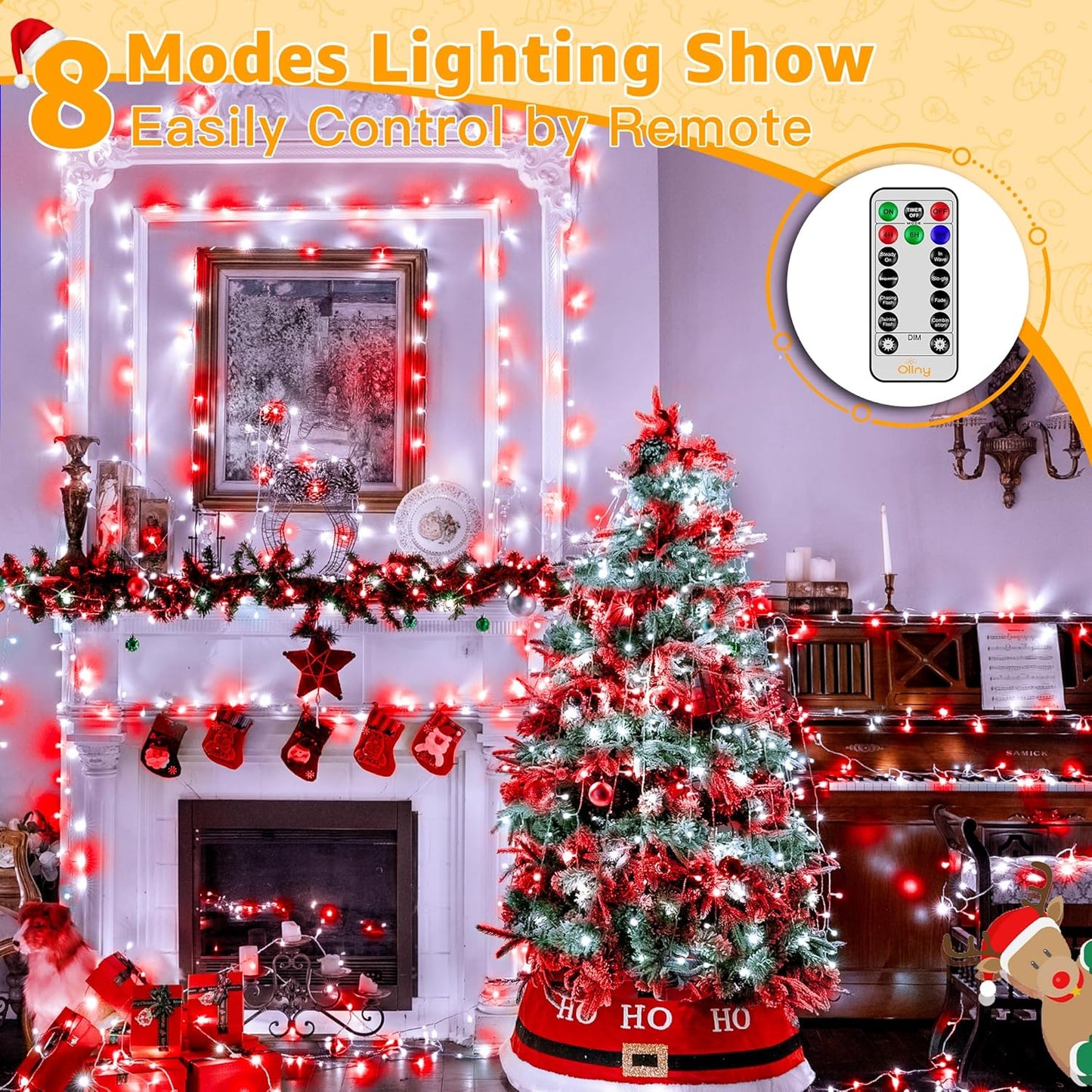 Ollny Christmas Lights Outdoor 800LED 262FT, Red and White Plug in Fairy Lights with Remote, 8 Modes Waterproof Timers Dimmable LED String Lights for Indoor House Outside Bedroom Patio Balcony